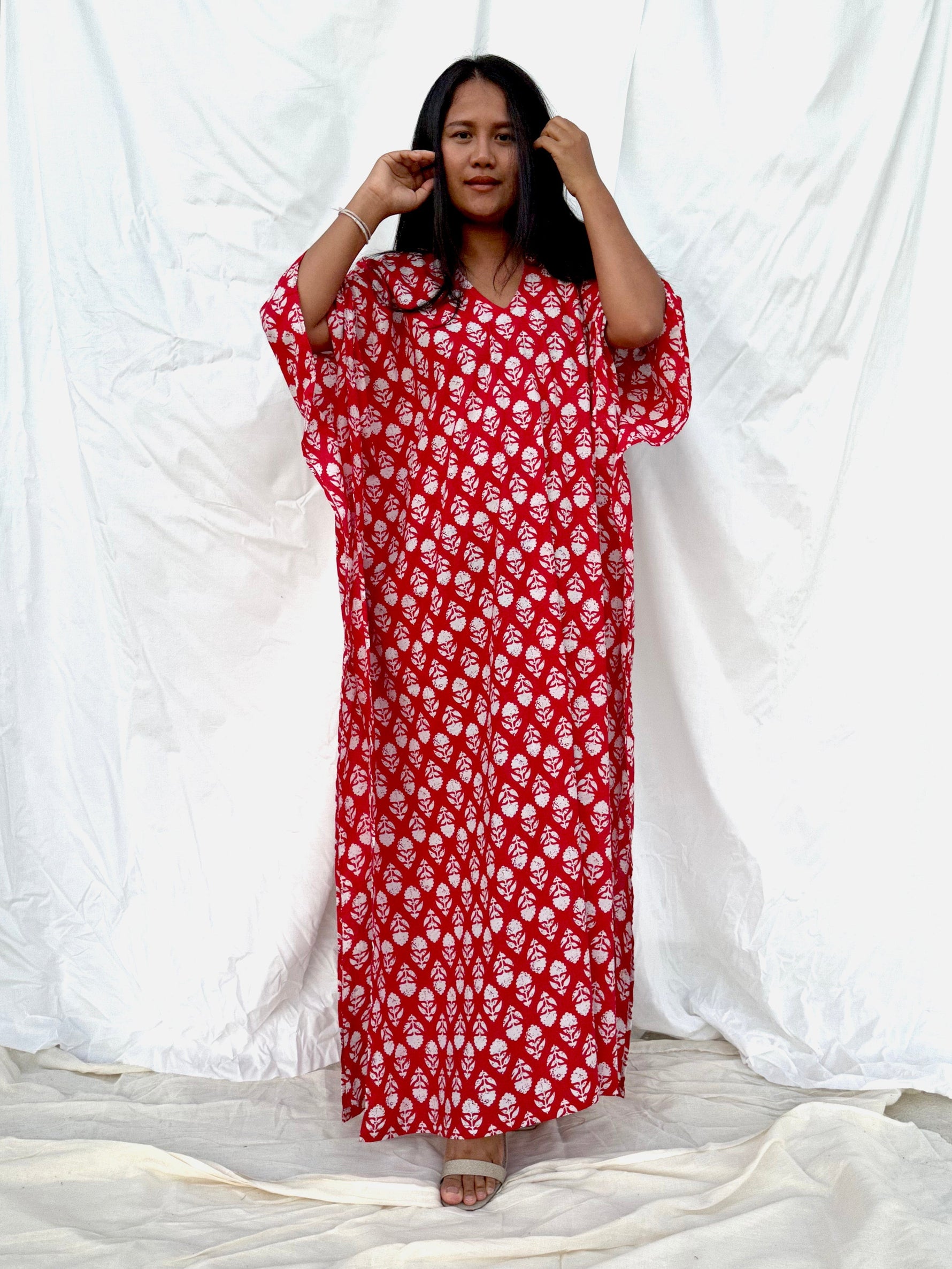 MALA handworks  56 Evelyn Kaftan in Red and White Pattern
