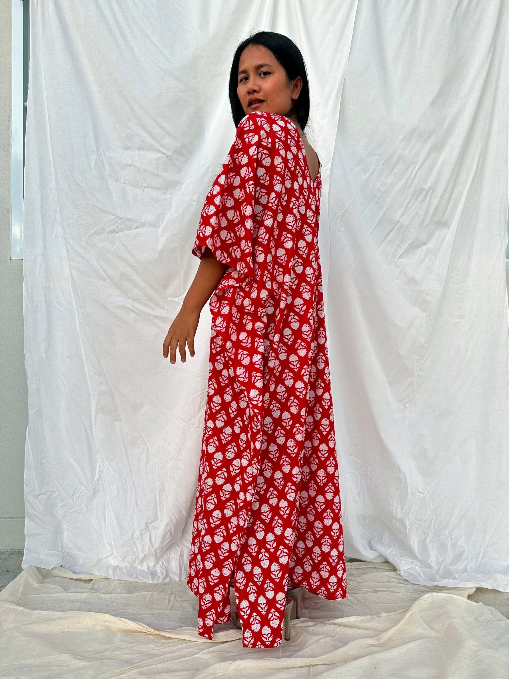 MALA handworks  56 Evelyn Kaftan in Red and White Pattern