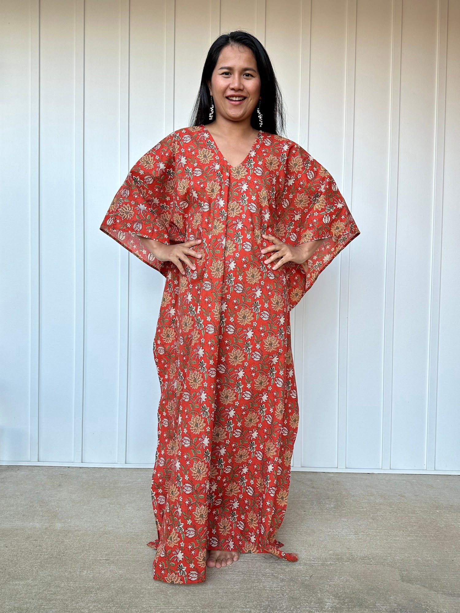 MALA handworks  Evelyn Kaftan in Rust Orange and Floral Pattern