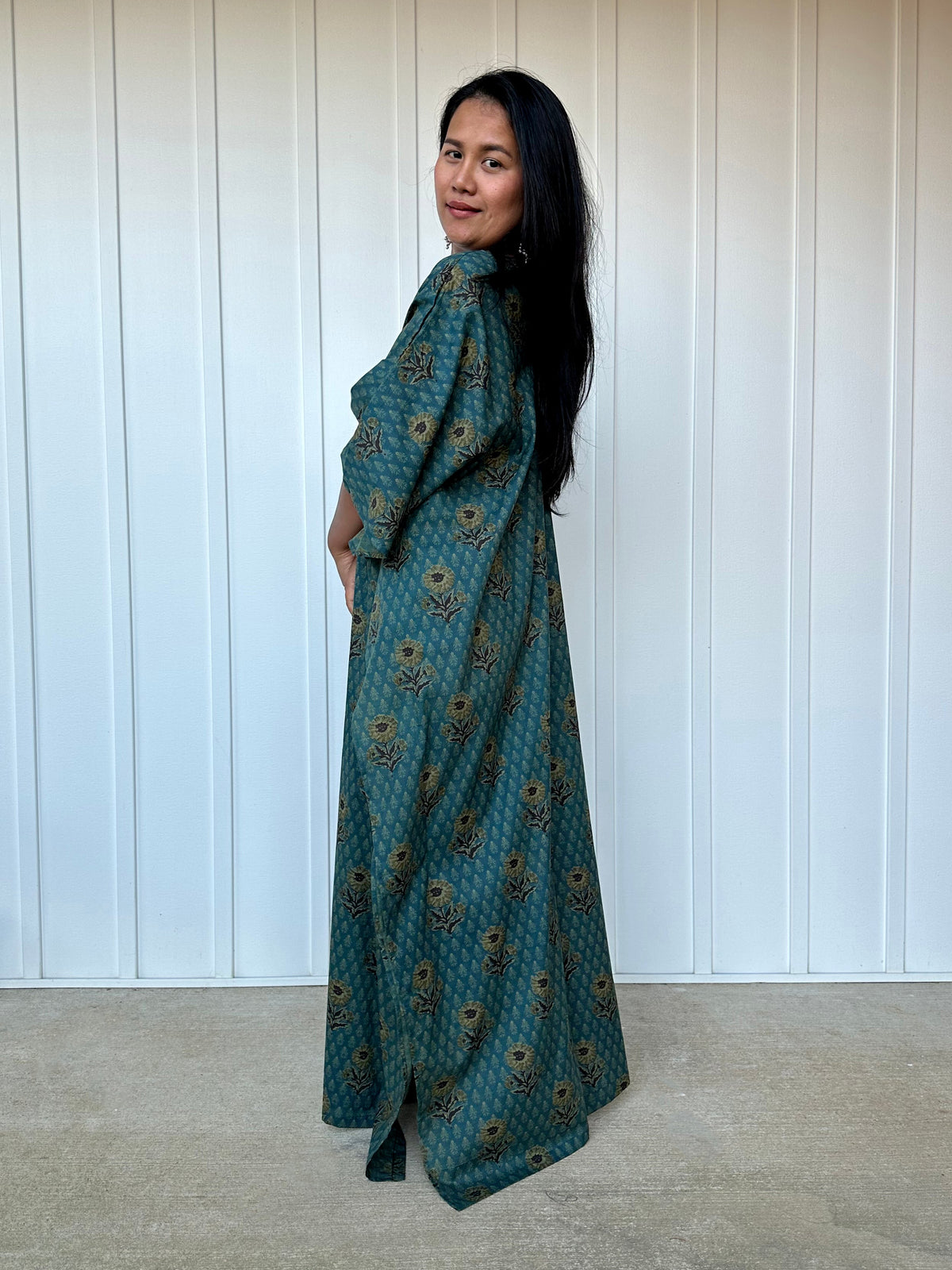 MALA handworks  Evelyn Kaftan in Teal Blue and Floral Pattern
