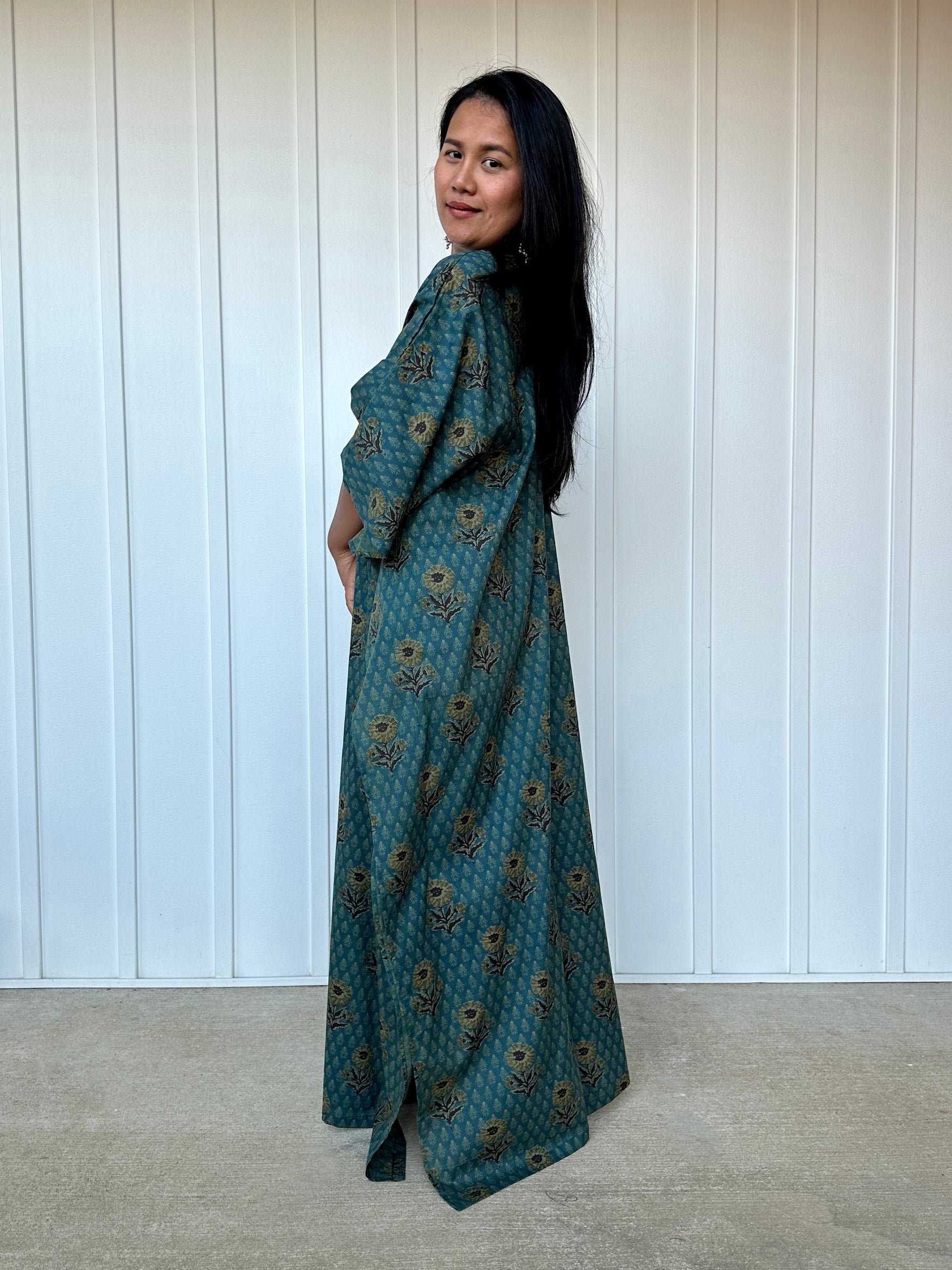 MALA handworks  Evelyn Kaftan in Teal Blue and Floral Pattern