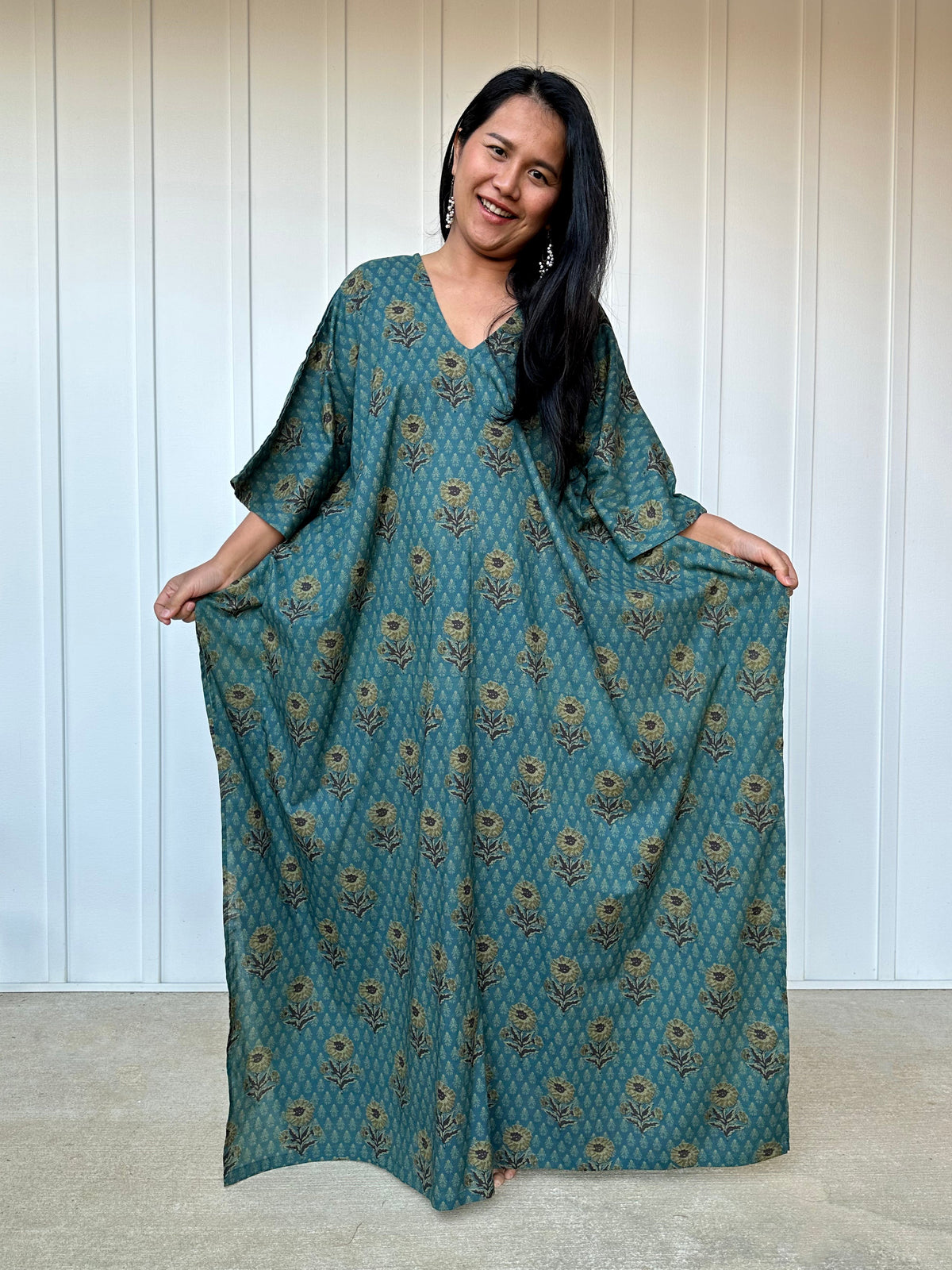 MALA handworks  Evelyn Kaftan in Teal Blue and Floral Pattern