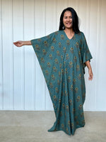MALA handworks  Evelyn Kaftan in Teal Blue and Floral Pattern