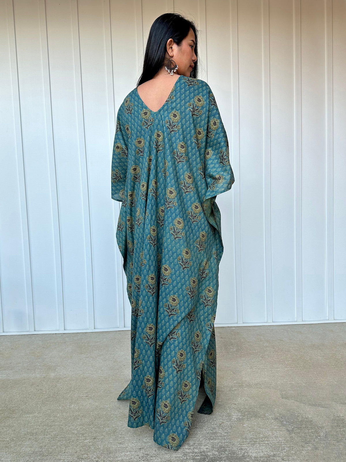 MALA handworks  Evelyn Kaftan in Teal Blue and Floral Pattern