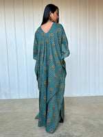 MALA handworks  Evelyn Kaftan in Teal Blue and Floral Pattern