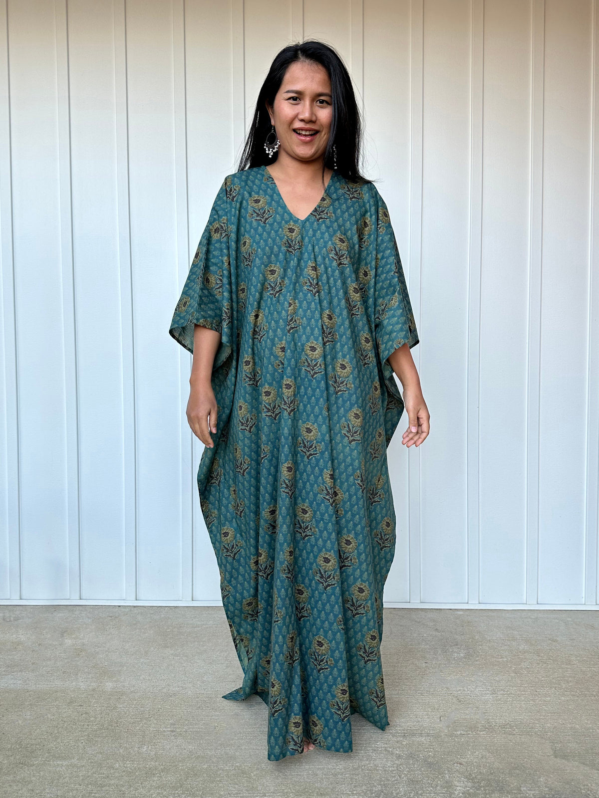 MALA handworks  Evelyn Kaftan in Teal Blue and Floral Pattern