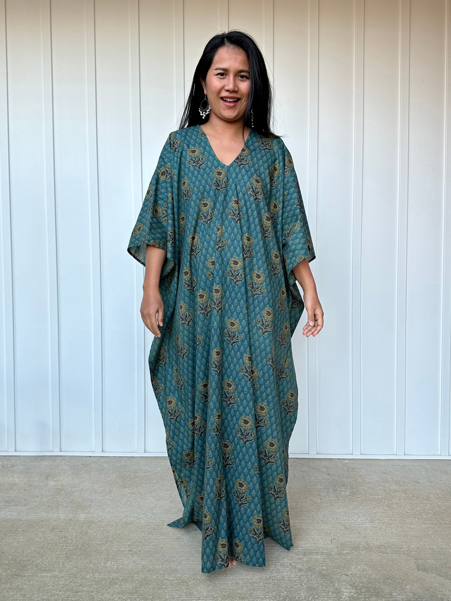 MALA handworks  Evelyn Kaftan in Teal Blue and Floral Pattern