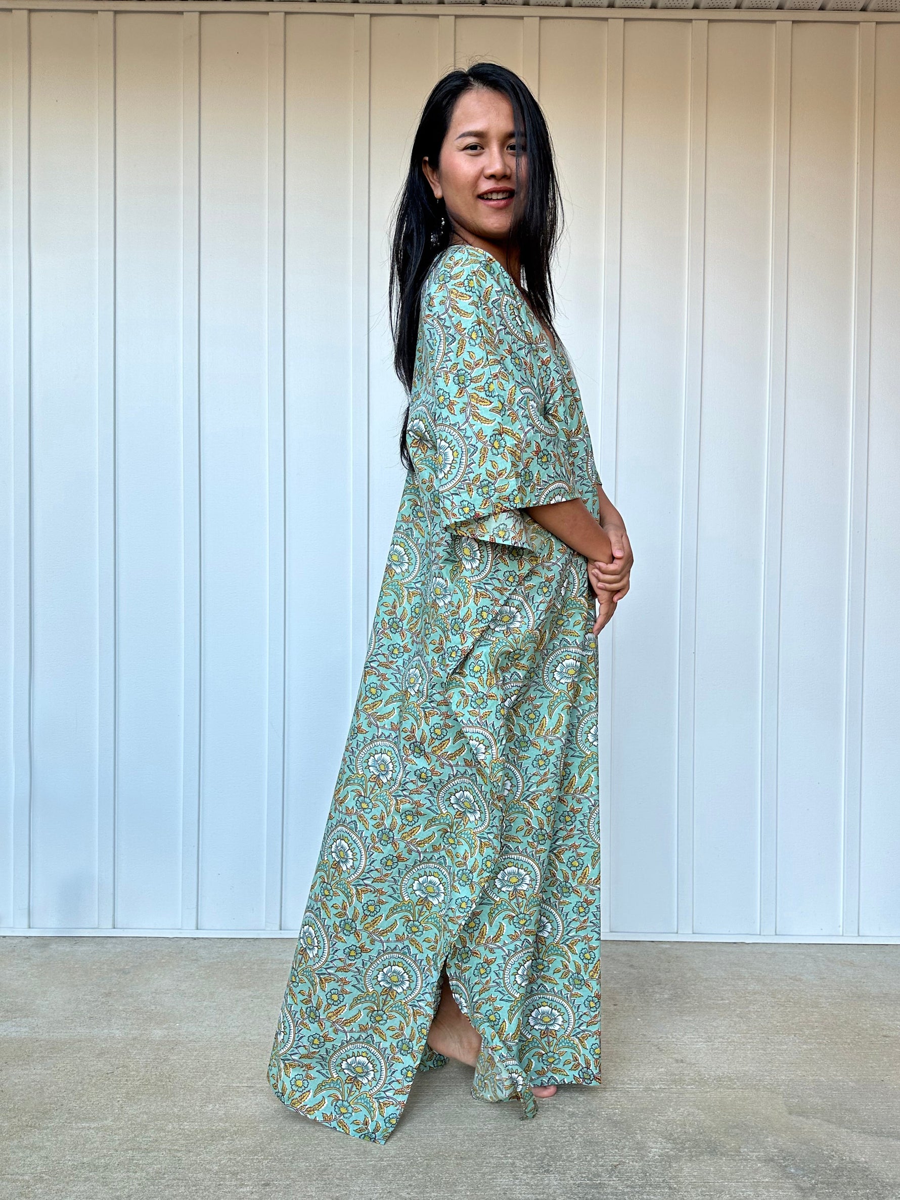 MALA handworks Evelyn Kaftan in Teal Green and Floral Pattern