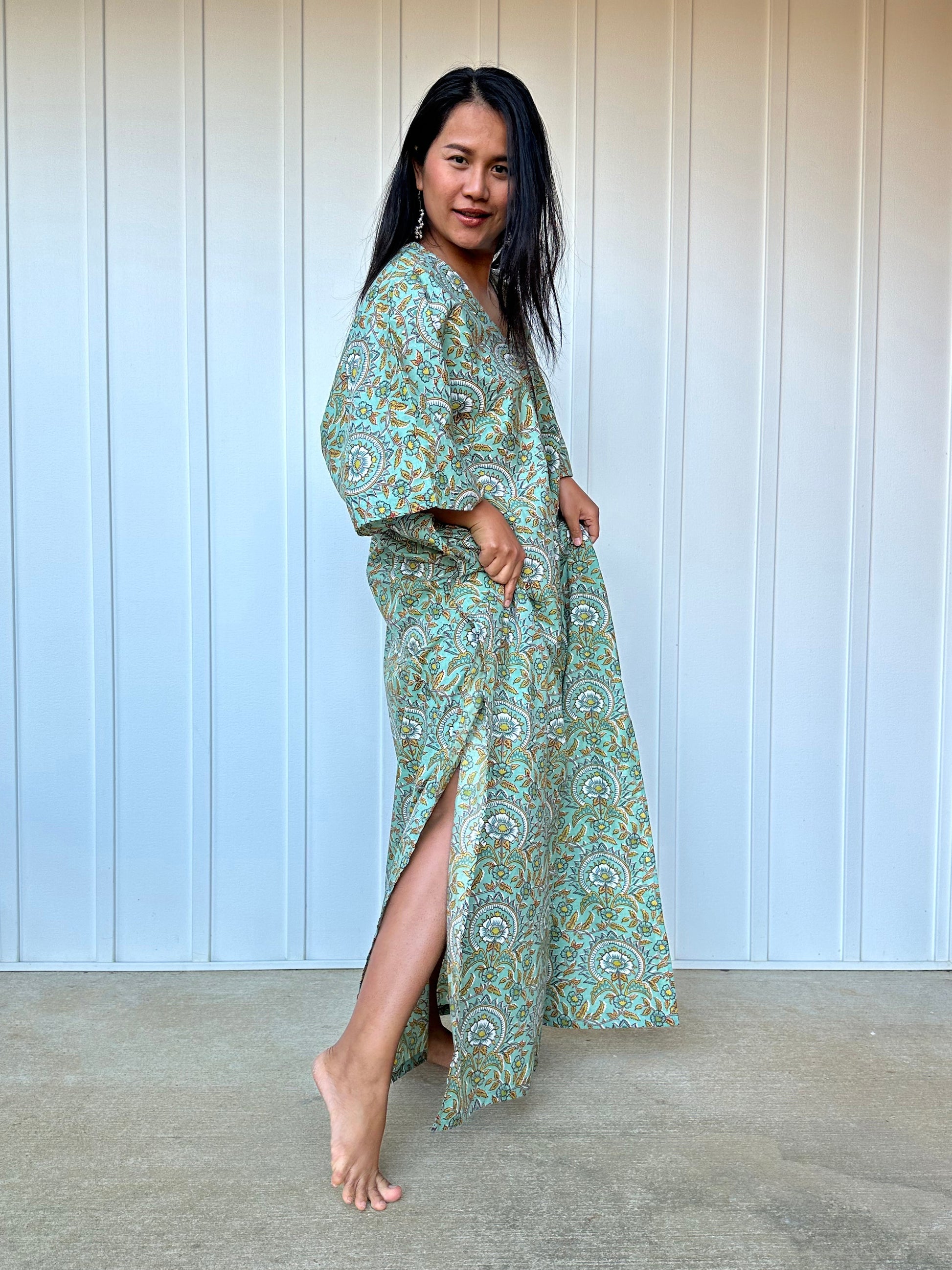 MALA handworks Evelyn Kaftan in Teal Green and Floral Pattern