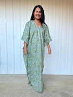 MALA handworks Evelyn Kaftan in Teal Green and Floral Pattern