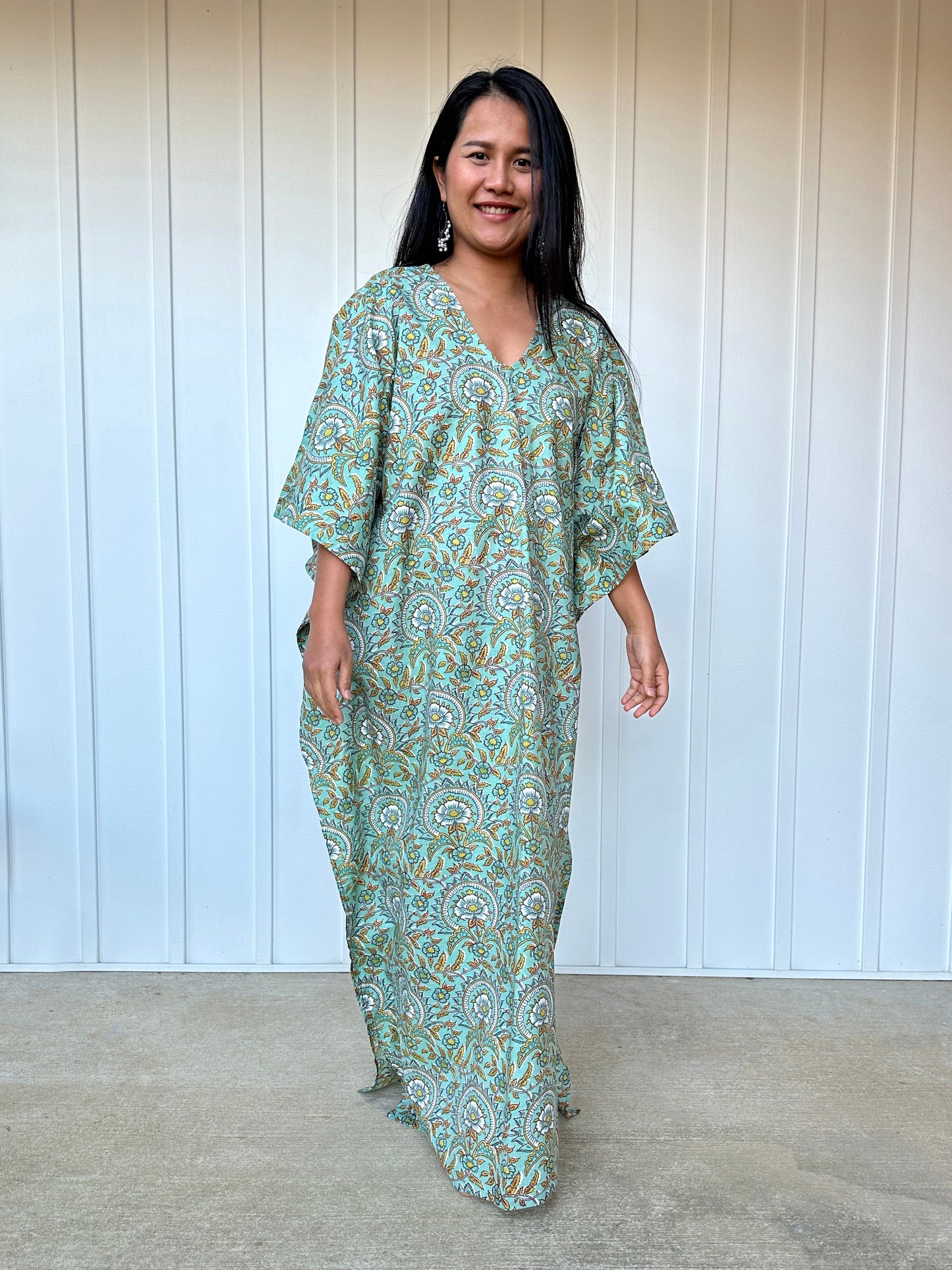 MALA handworks Evelyn Kaftan in Teal Green and Floral Pattern