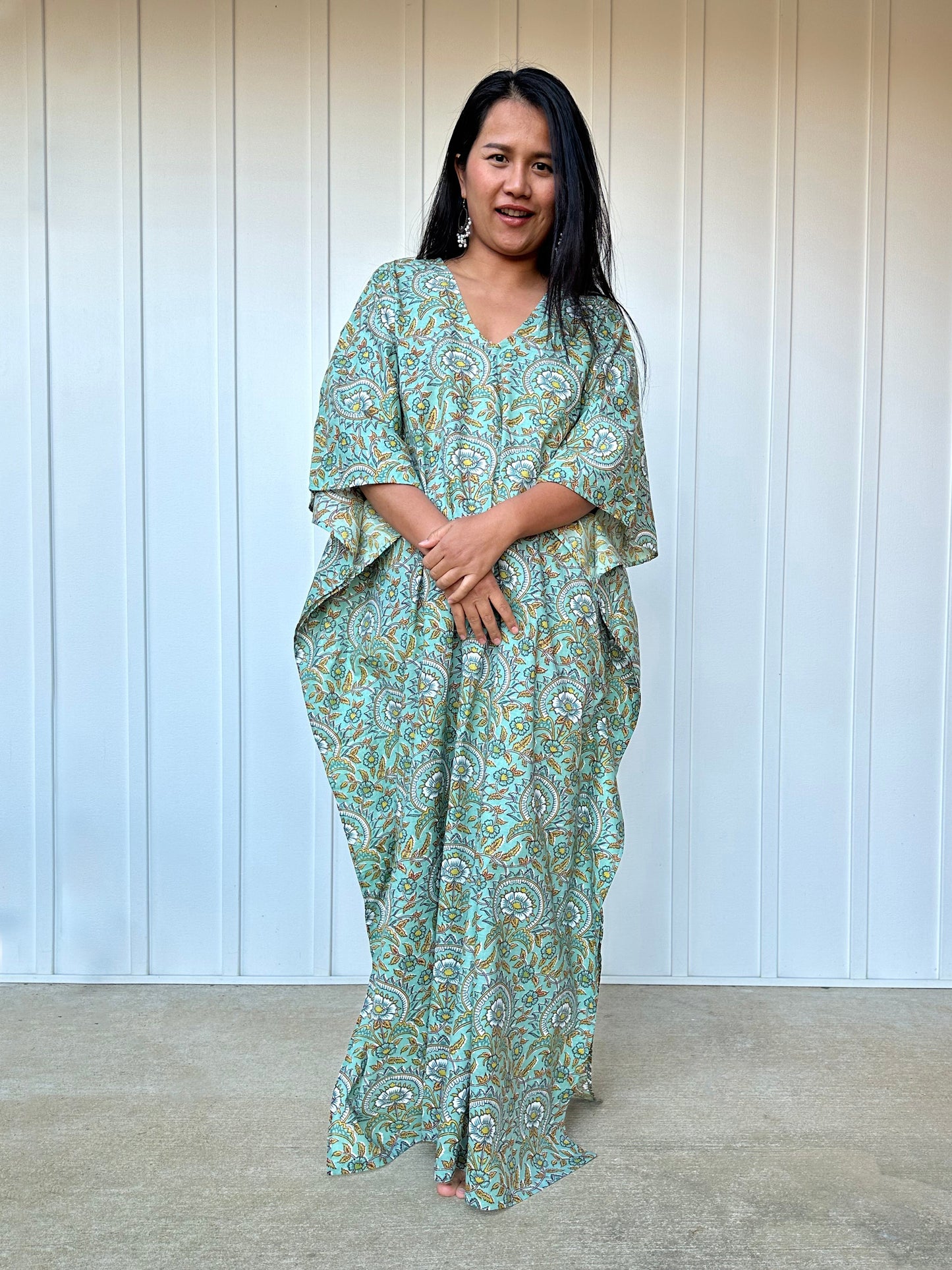 MALA handworks Evelyn Kaftan in Teal Green and Floral Pattern