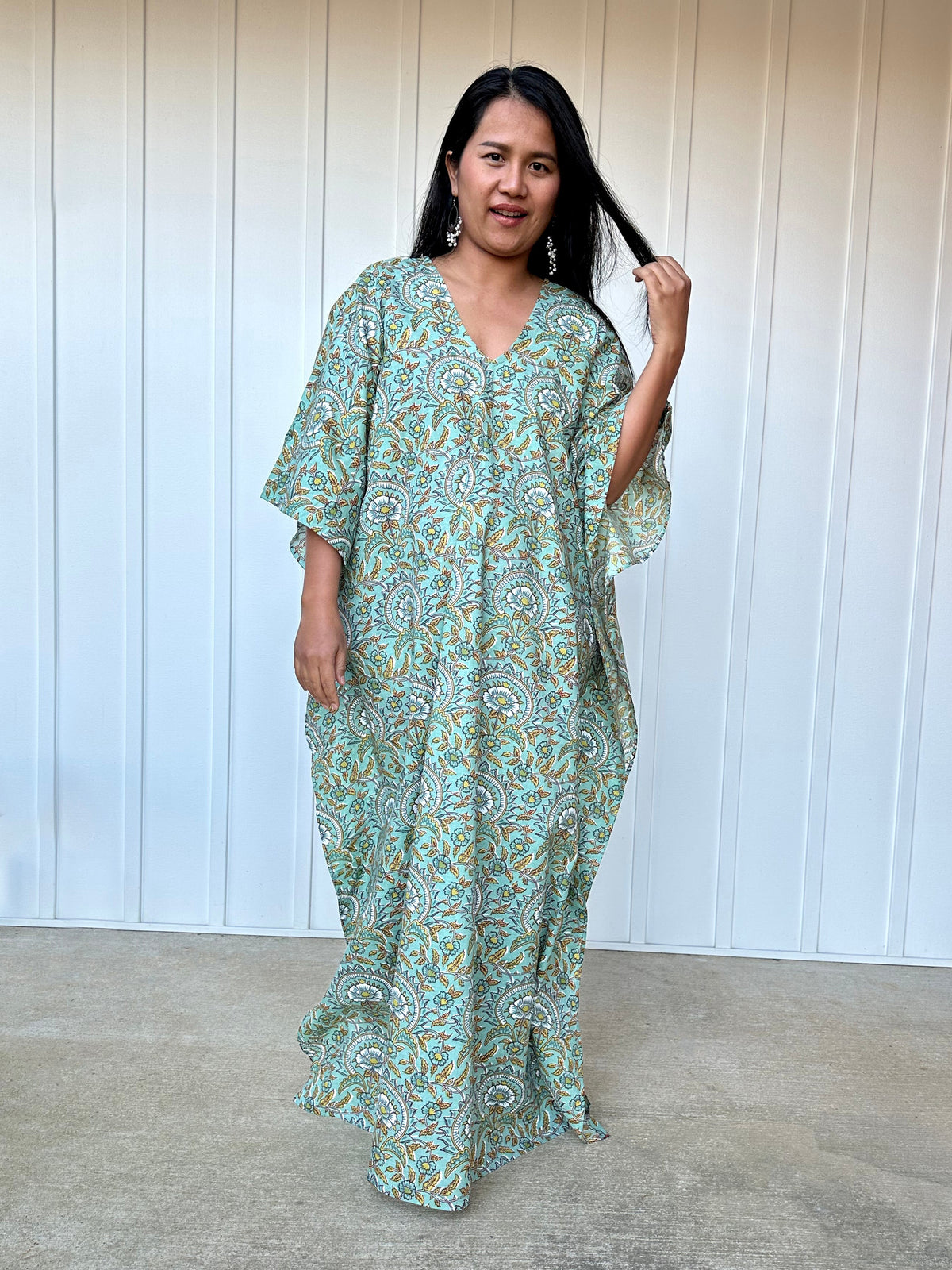 MALA handworks Evelyn Kaftan in Teal Green and Floral Pattern