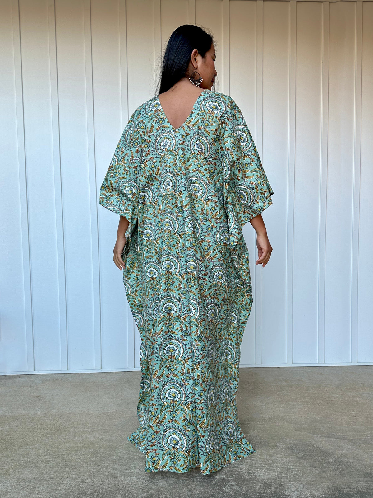 MALA handworks Evelyn Kaftan in Teal Green and Floral Pattern