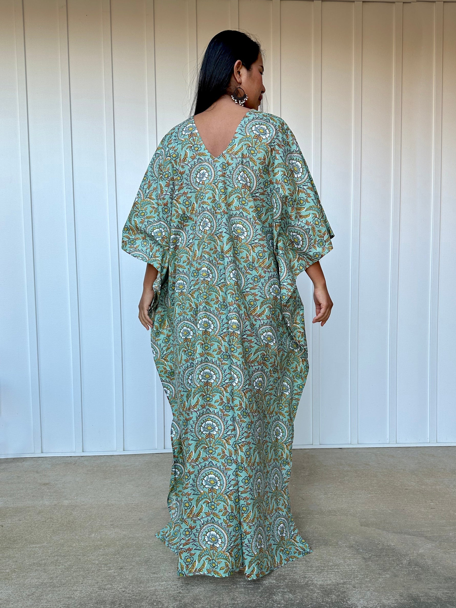 MALA handworks Evelyn Kaftan in Teal Green and Floral Pattern