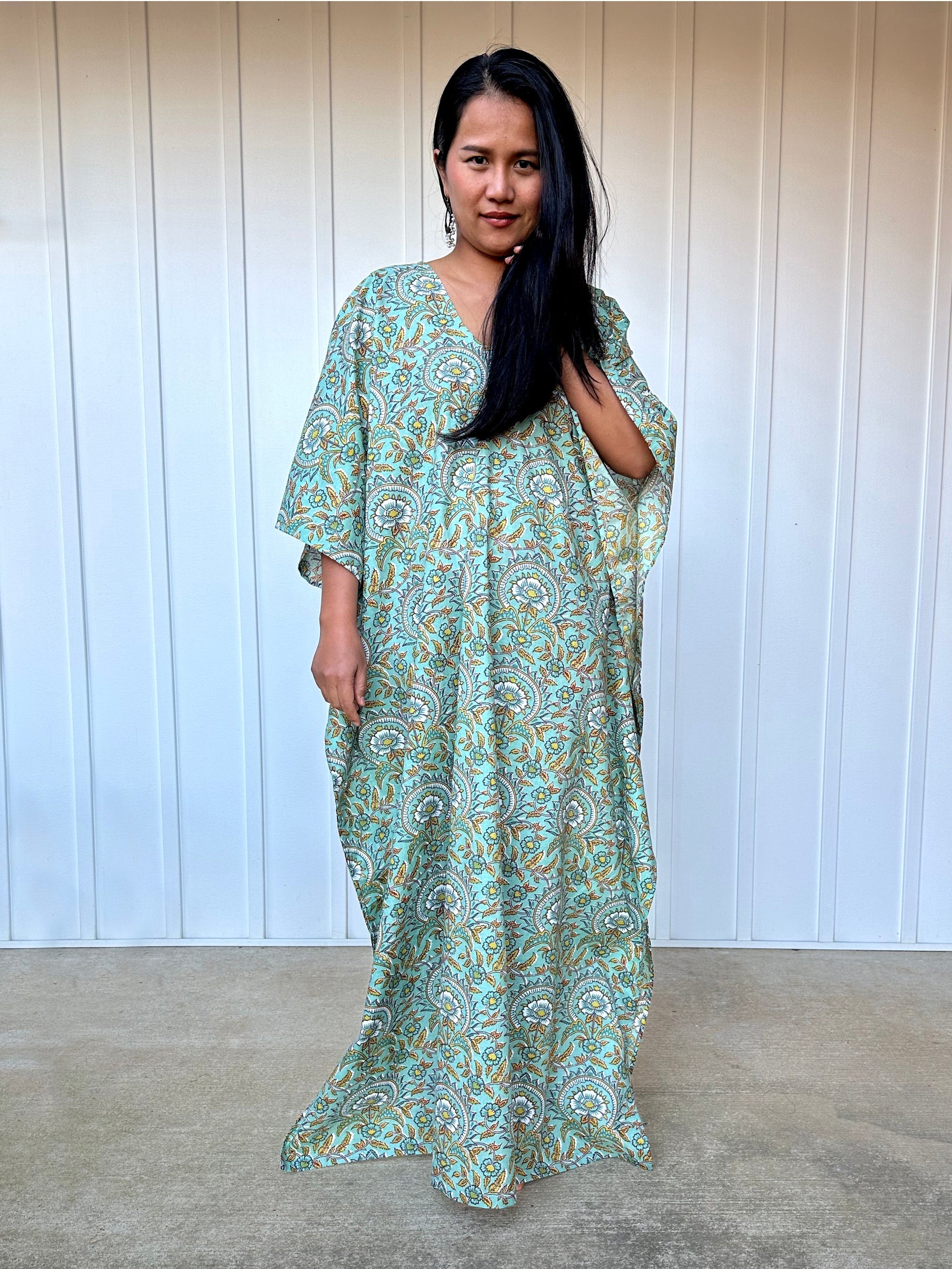 MALA handworks Evelyn Kaftan in Teal Green and Floral Pattern