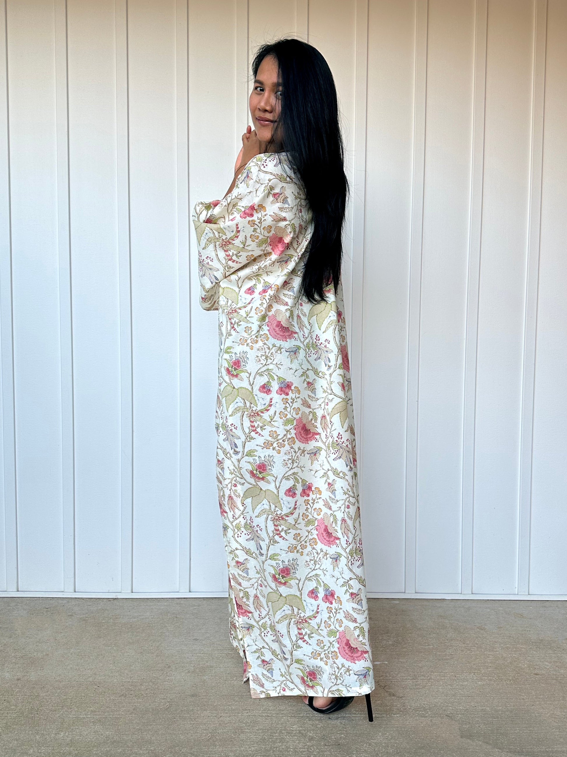 MALA handworks  56 Evelyn Kaftan in White and Floral Pattern