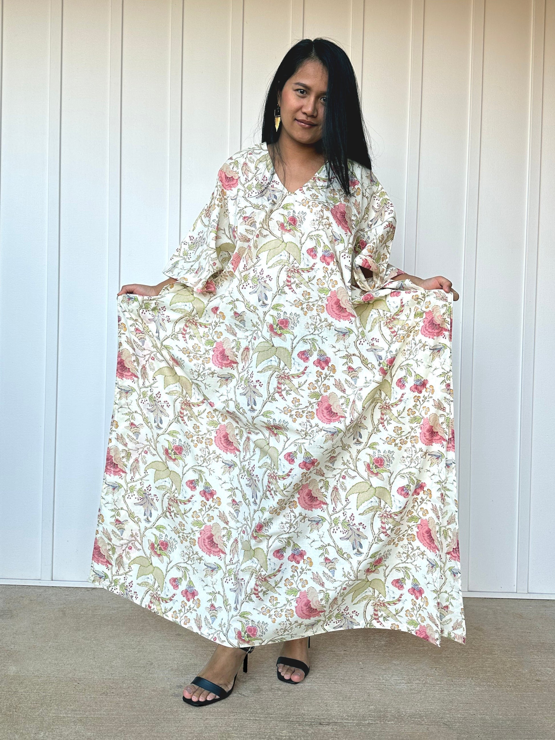 MALA handworks  56 Evelyn Kaftan in White and Floral Pattern