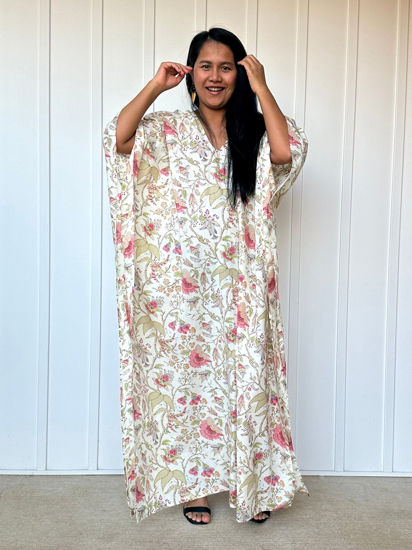 MALA handworks  56 Evelyn Kaftan in White and Floral Pattern