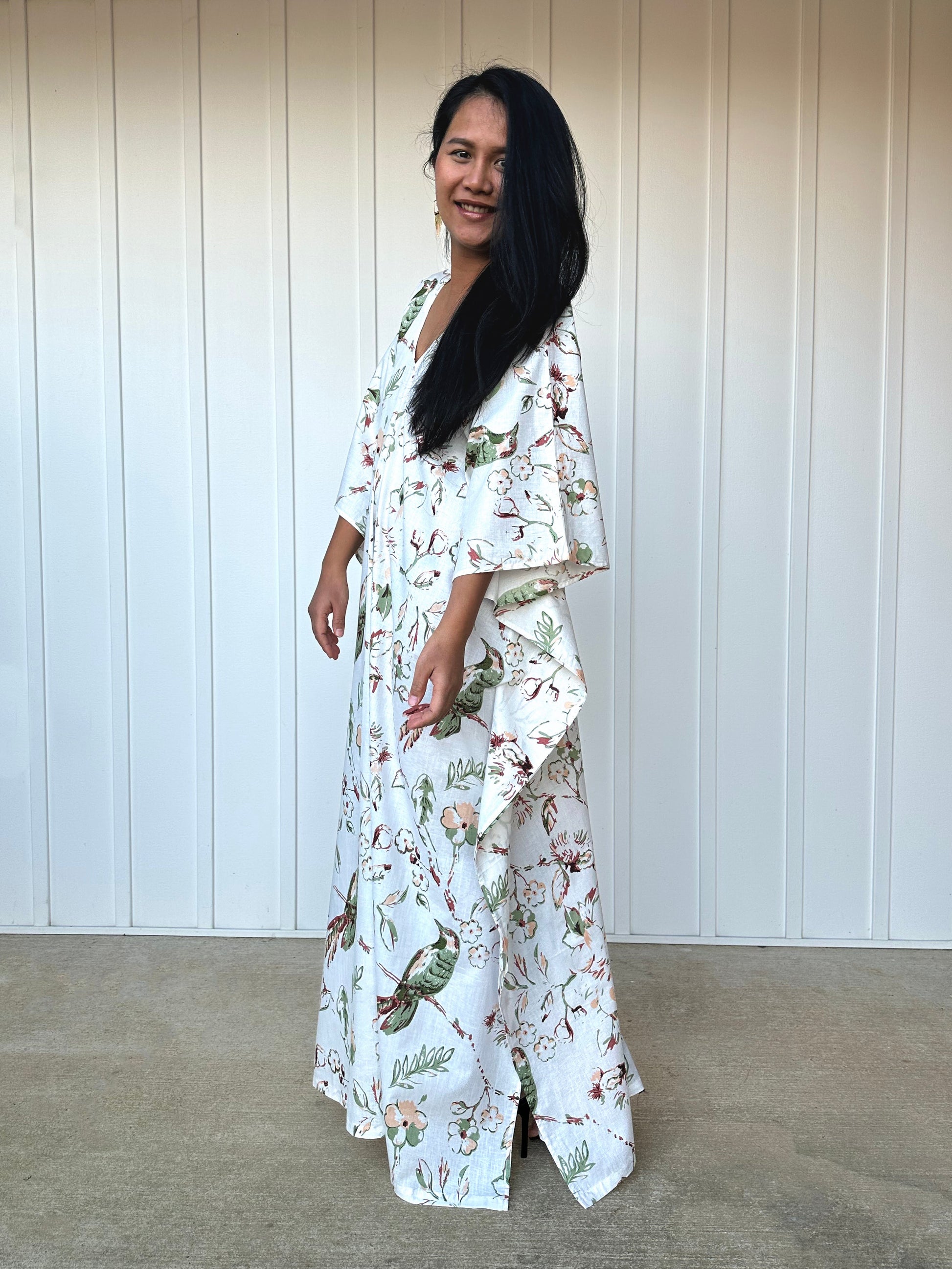 MALA handworks  56 Evelyn Kaftan in White and Floral Pattern