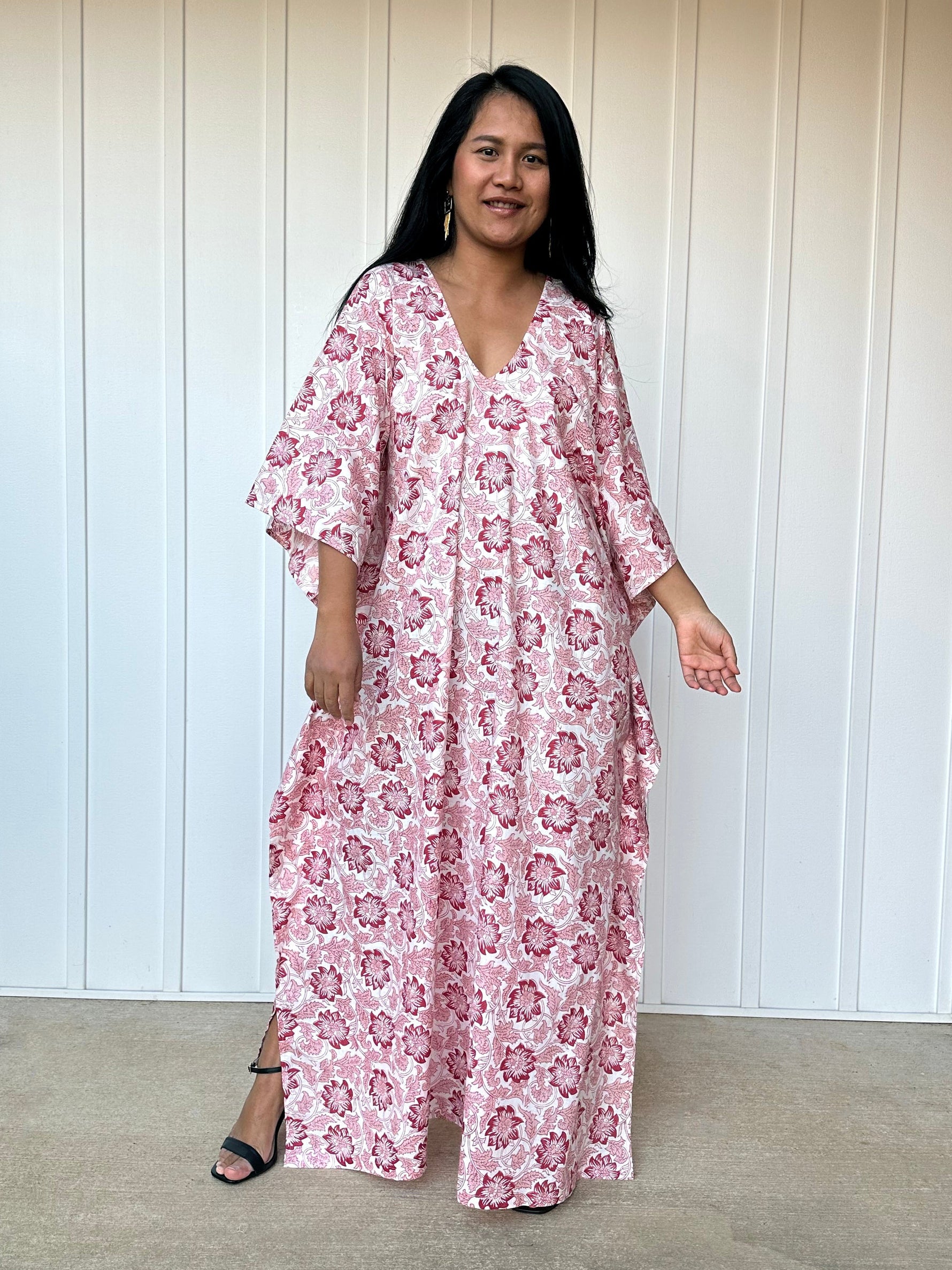 MALA handworks  56 Evelyn Kaftan in White and Floral Pattern