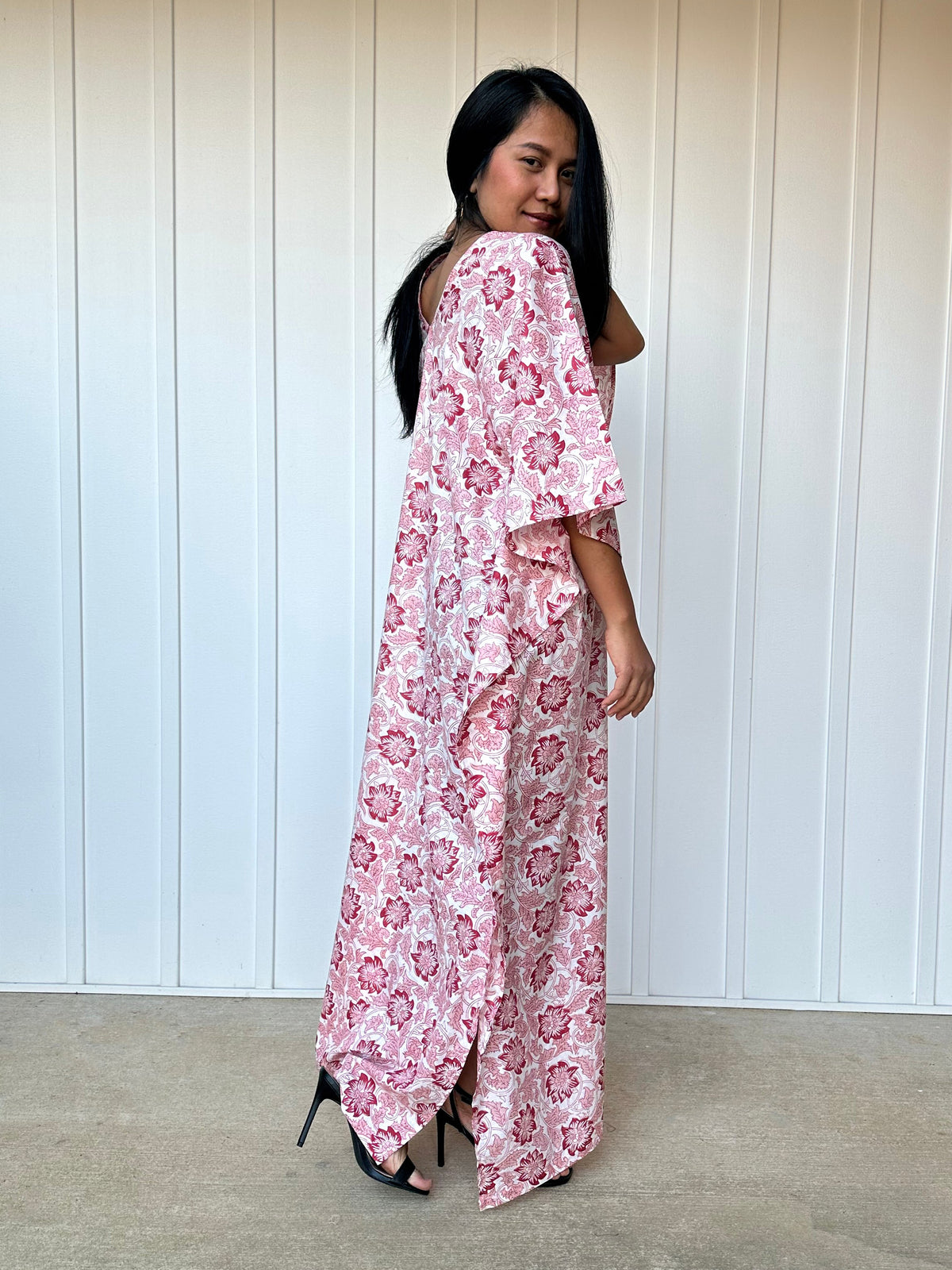 MALA handworks  56 Evelyn Kaftan in White and Floral Pattern