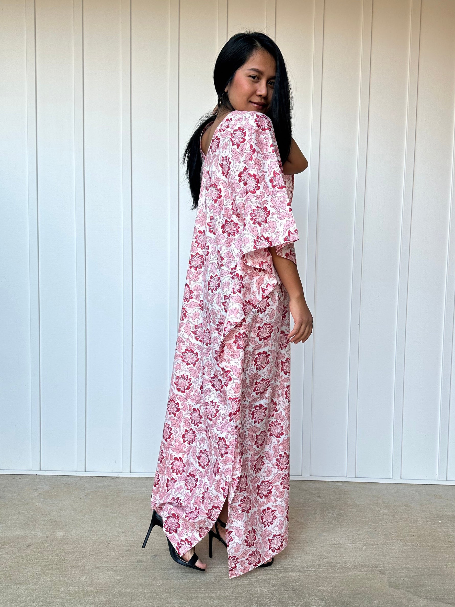 MALA handworks  56 Evelyn Kaftan in White and Floral Pattern