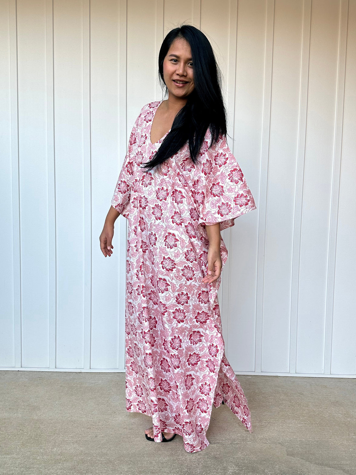 MALA handworks  56 Evelyn Kaftan in White and Floral Pattern