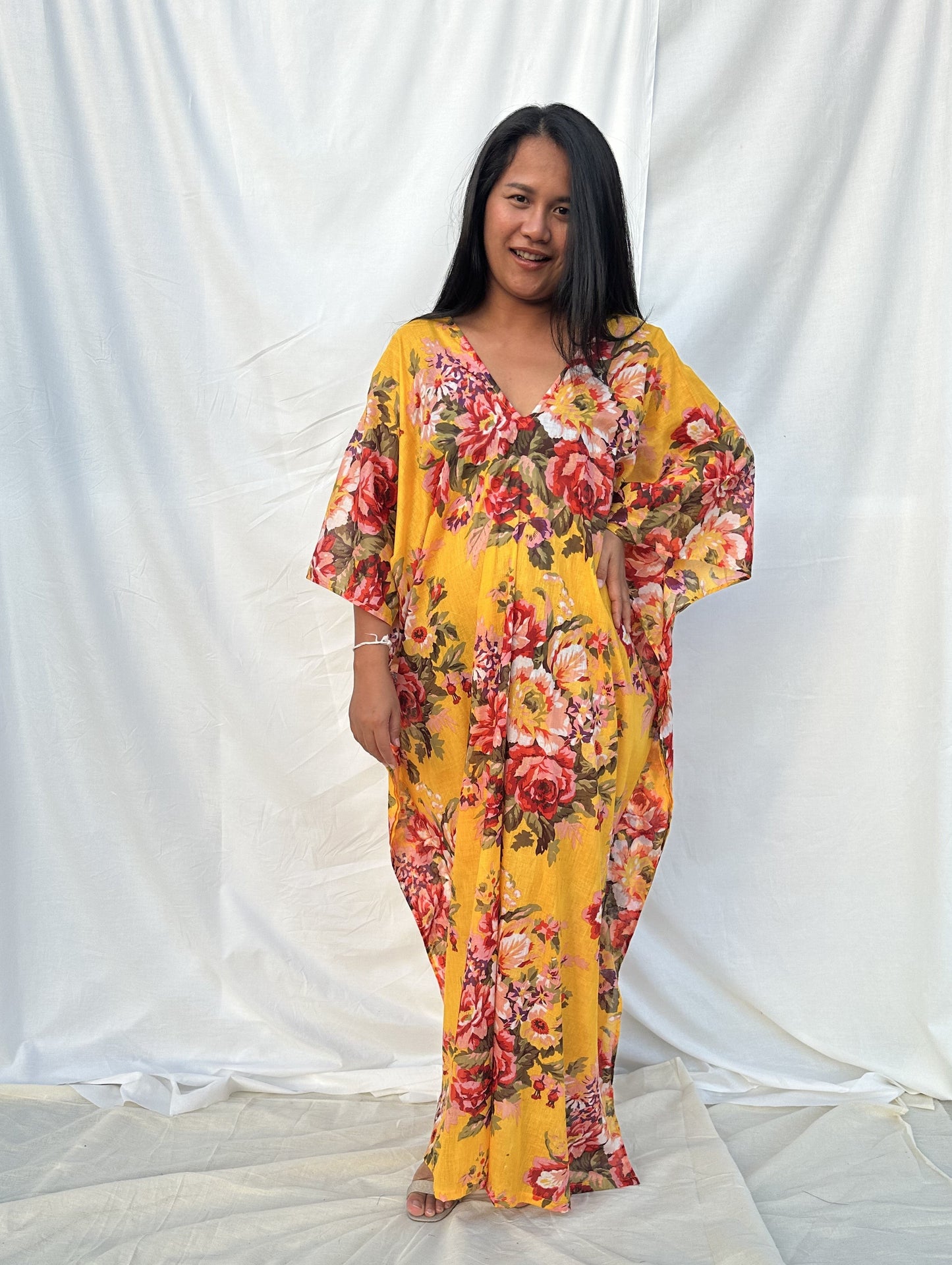 MALA handworks  56 Evelyn Kaftan in Yellow and Floral Pattern