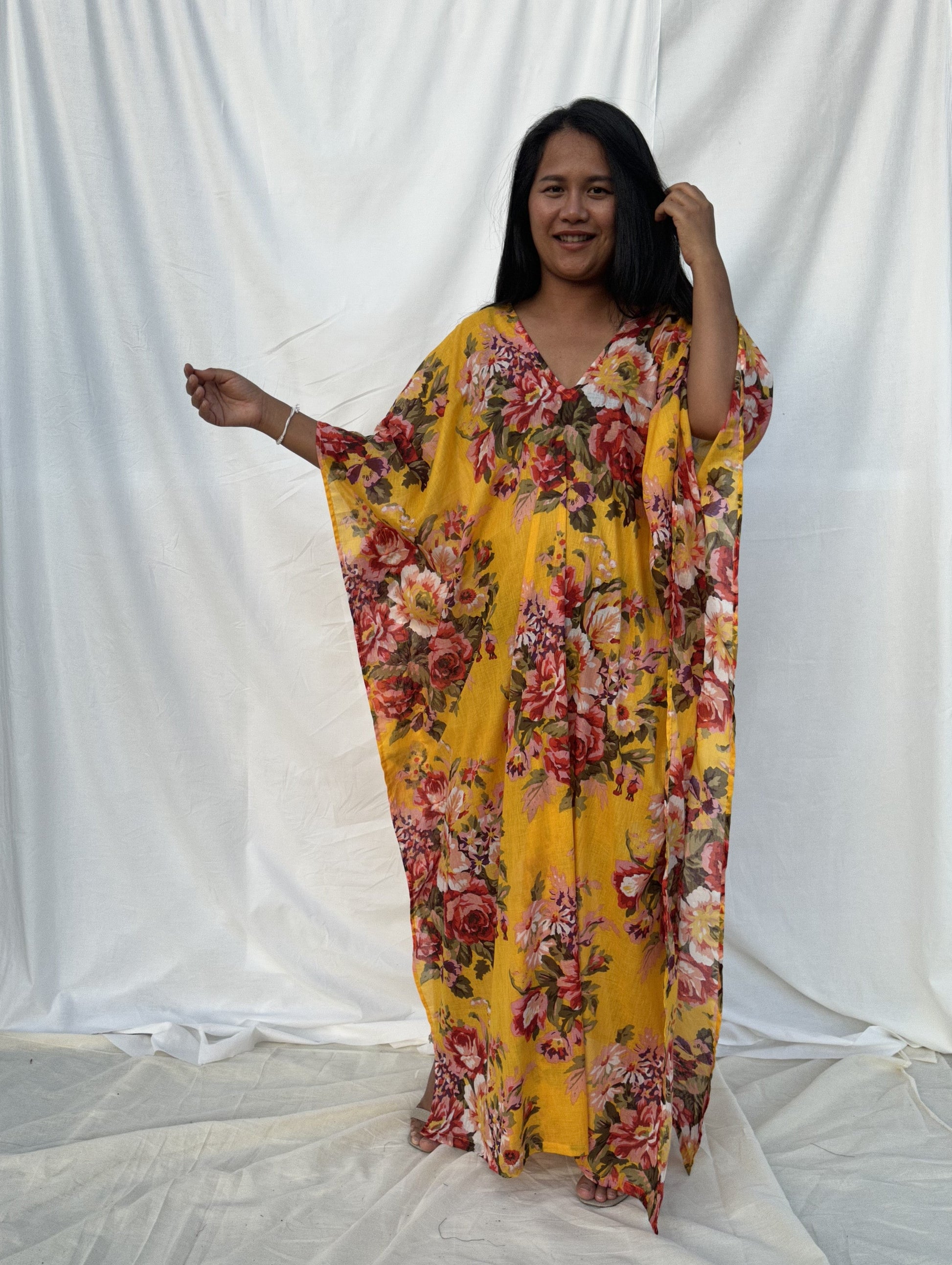 MALA handworks  56 Evelyn Kaftan in Yellow and Floral Pattern