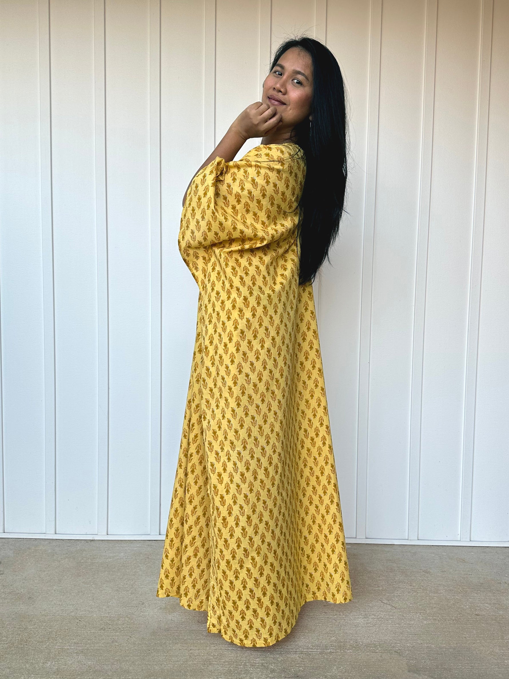 MALA handworks  56 Evelyn Kaftan in Yellow and Floral Pattern