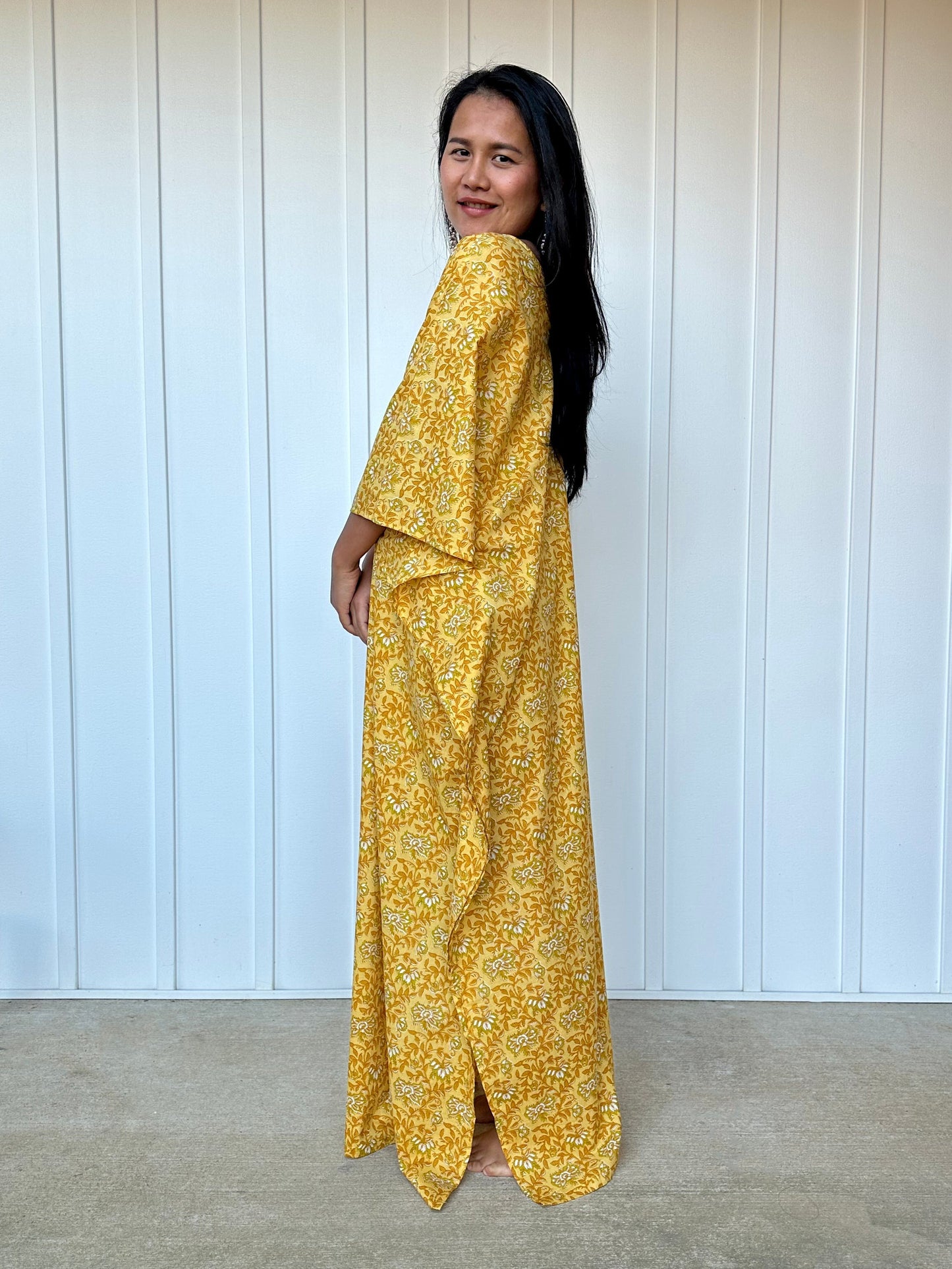 MALA handworks Evelyn Kaftan in Yellow and Floral Pattern