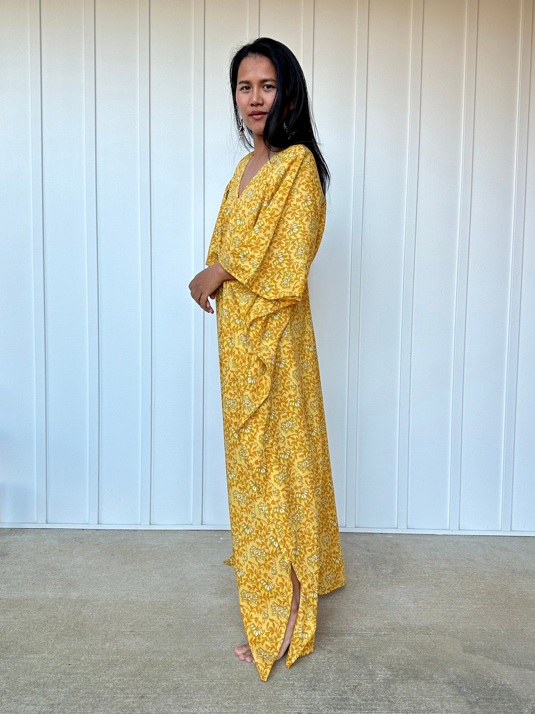 MALA handworks Evelyn Kaftan in Yellow and Floral Pattern