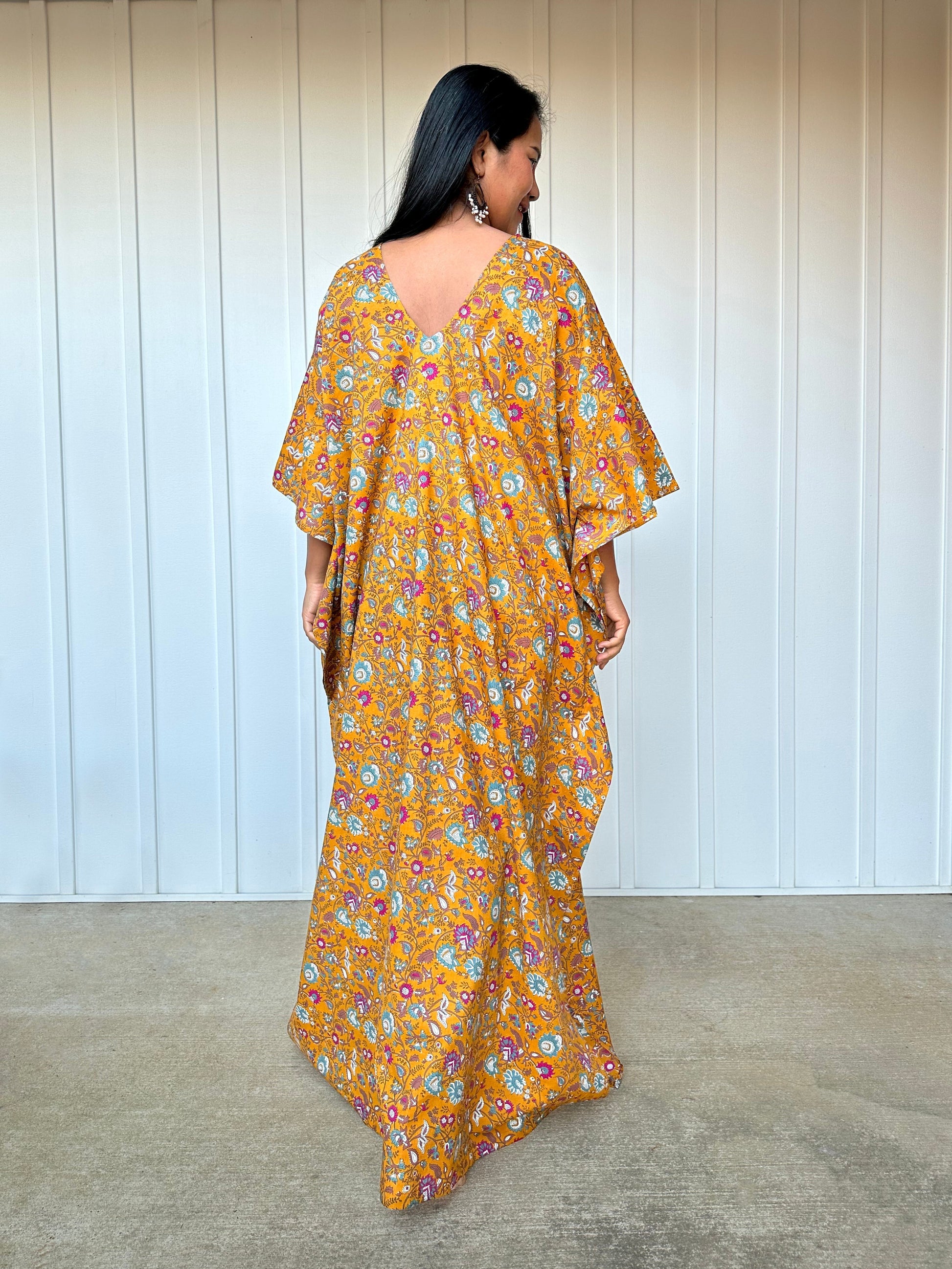 MALA handworks  Evelyn Kaftan in Yellow and Floral Pattern