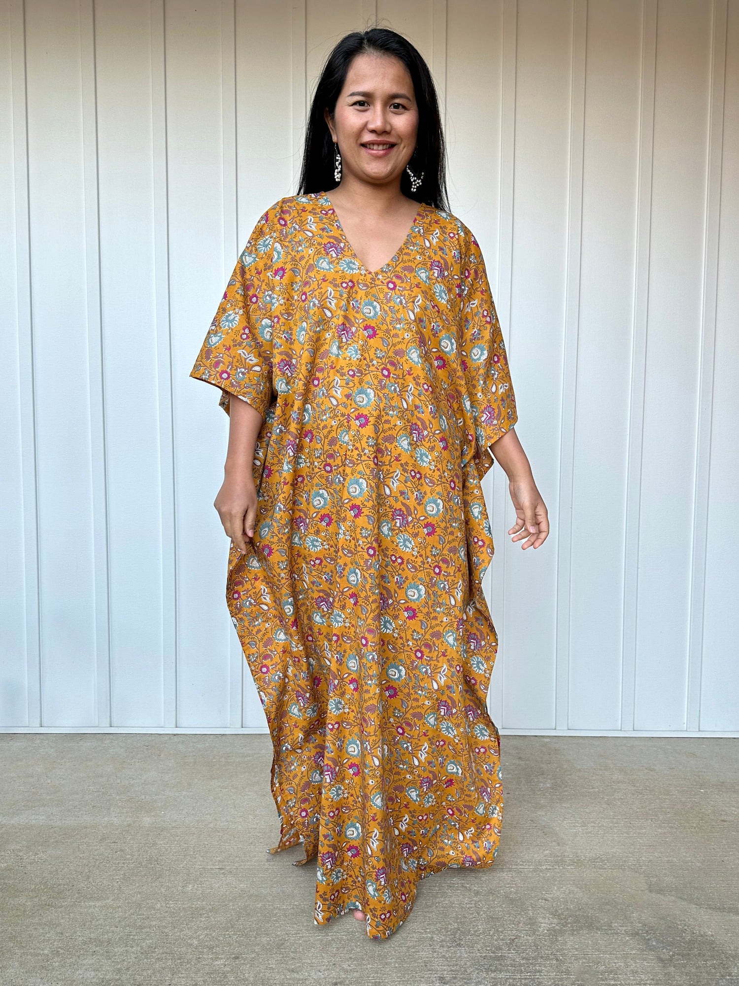 MALA handworks  Evelyn Kaftan in Yellow and Floral Pattern
