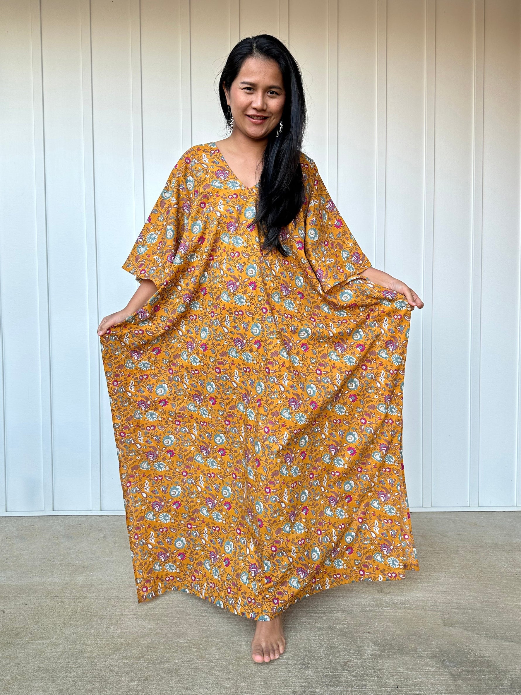 MALA handworks  Evelyn Kaftan in Yellow and Floral Pattern