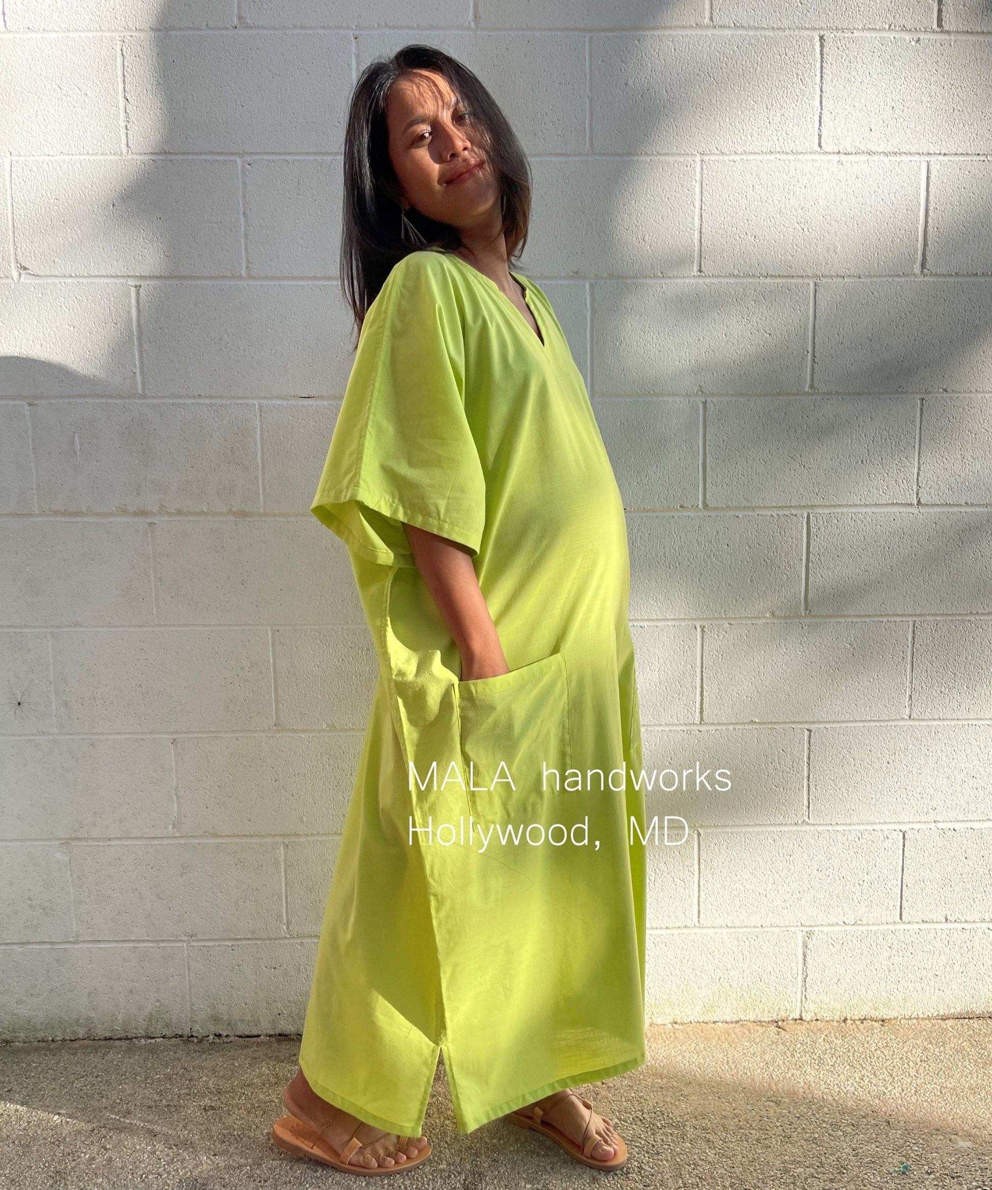 MALA handworks  Evelyn semi sheer Kaftan in Light Green Yellow with Pockets - Limited Edition