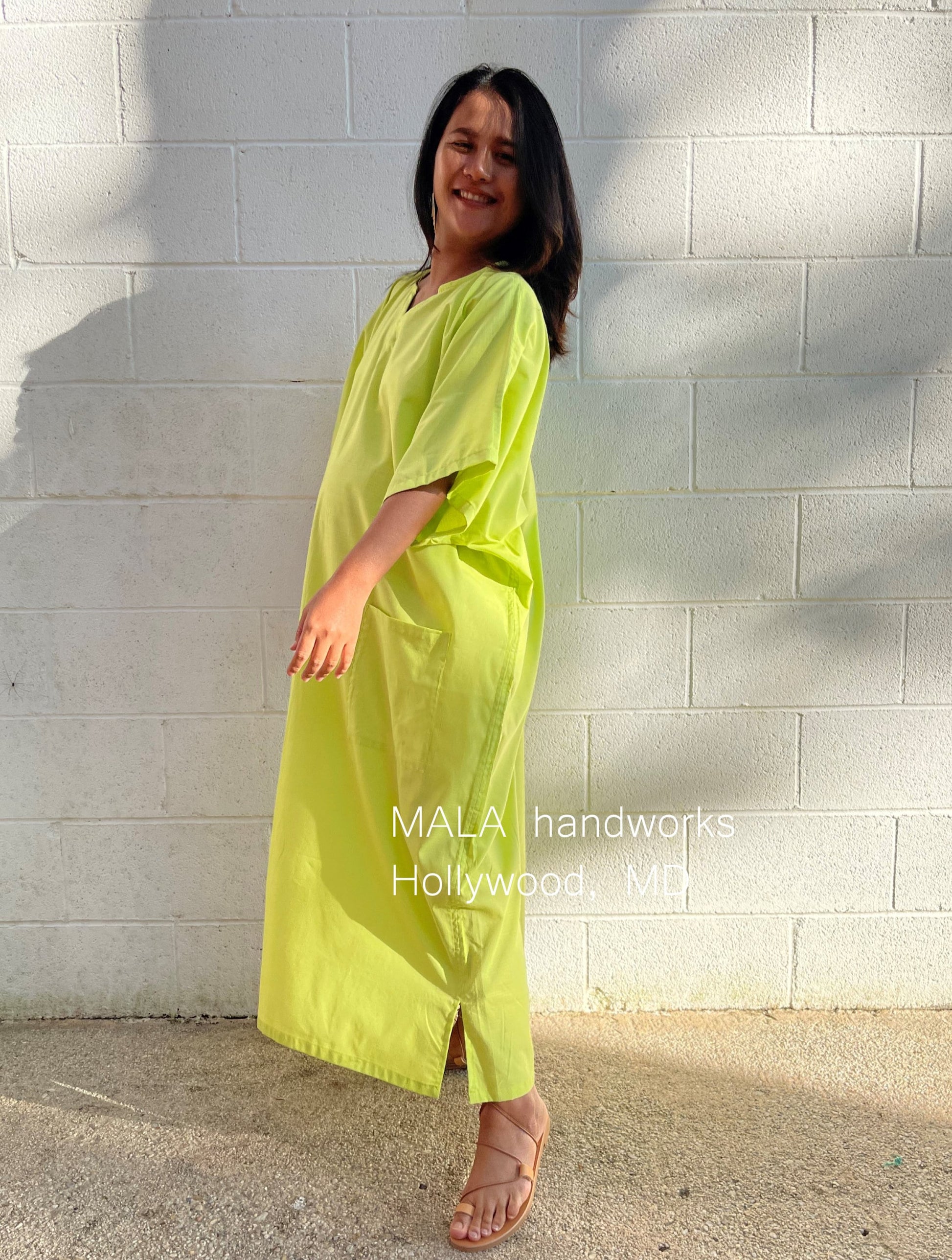 MALA handworks  Evelyn semi sheer Kaftan in Light Green Yellow with Pockets - Limited Edition