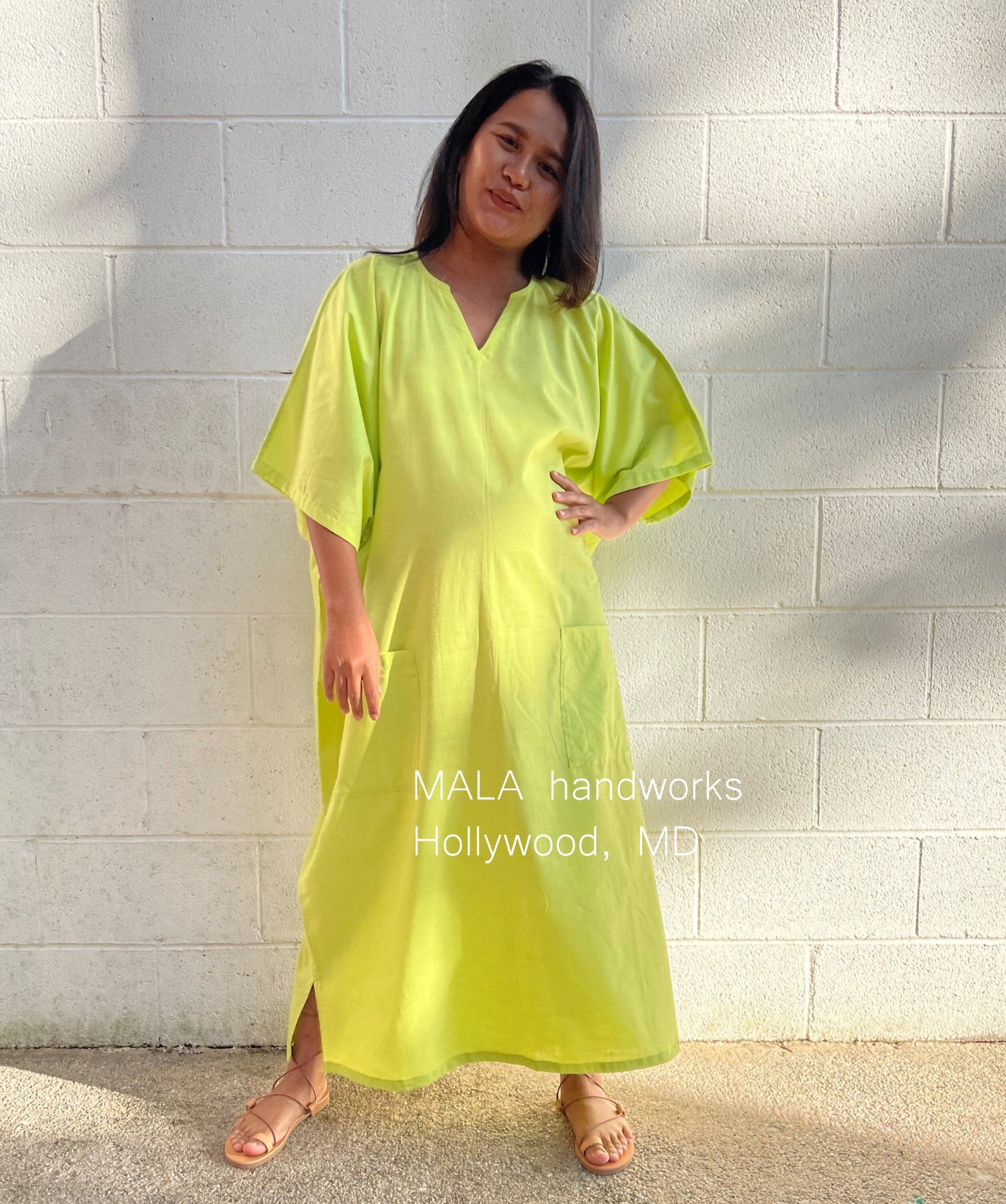 MALA handworks  Evelyn semi sheer Kaftan in Light Green Yellow with Pockets - Limited Edition