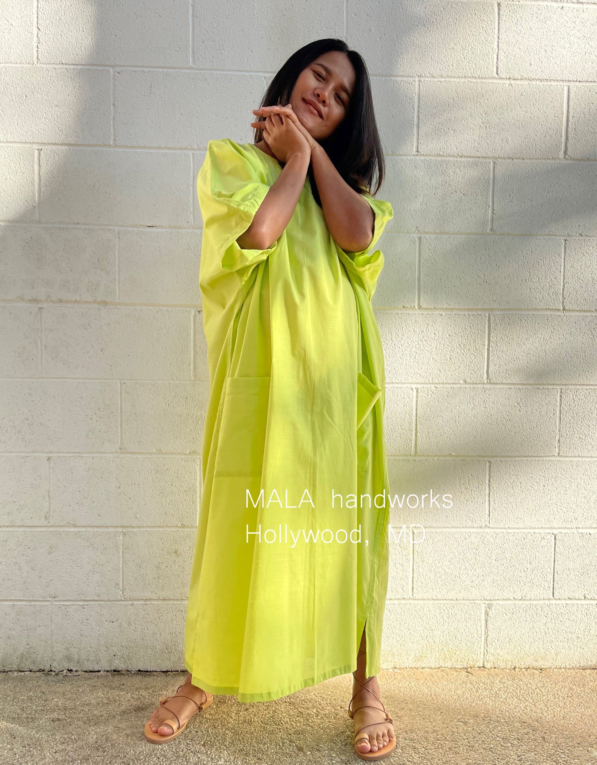 MALA handworks  Evelyn semi sheer Kaftan in Light Green Yellow with Pockets - Limited Edition