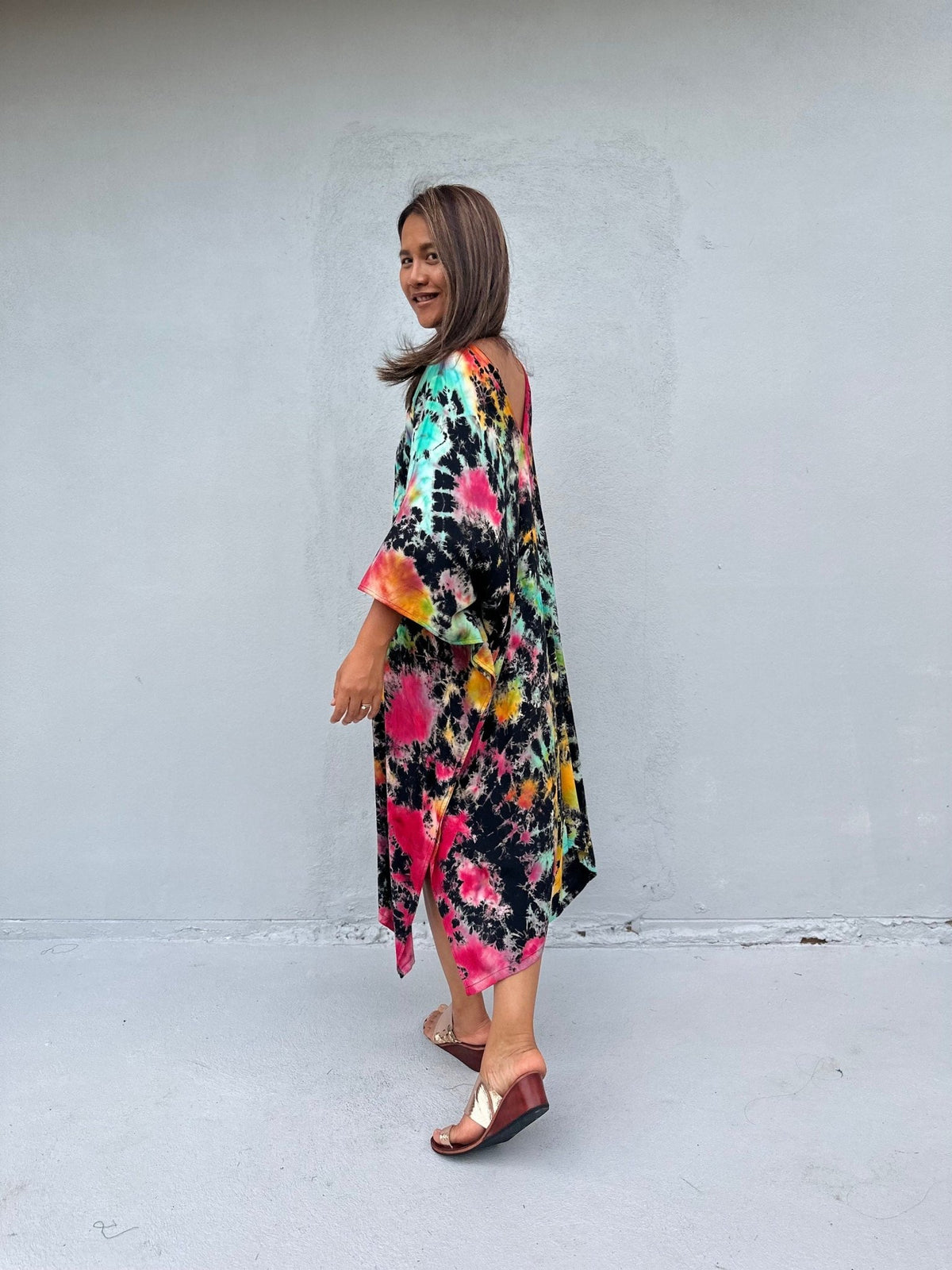 Fiona Kaftan in Black & Rainbow Tie Dye-FR-28-Mala Handworks