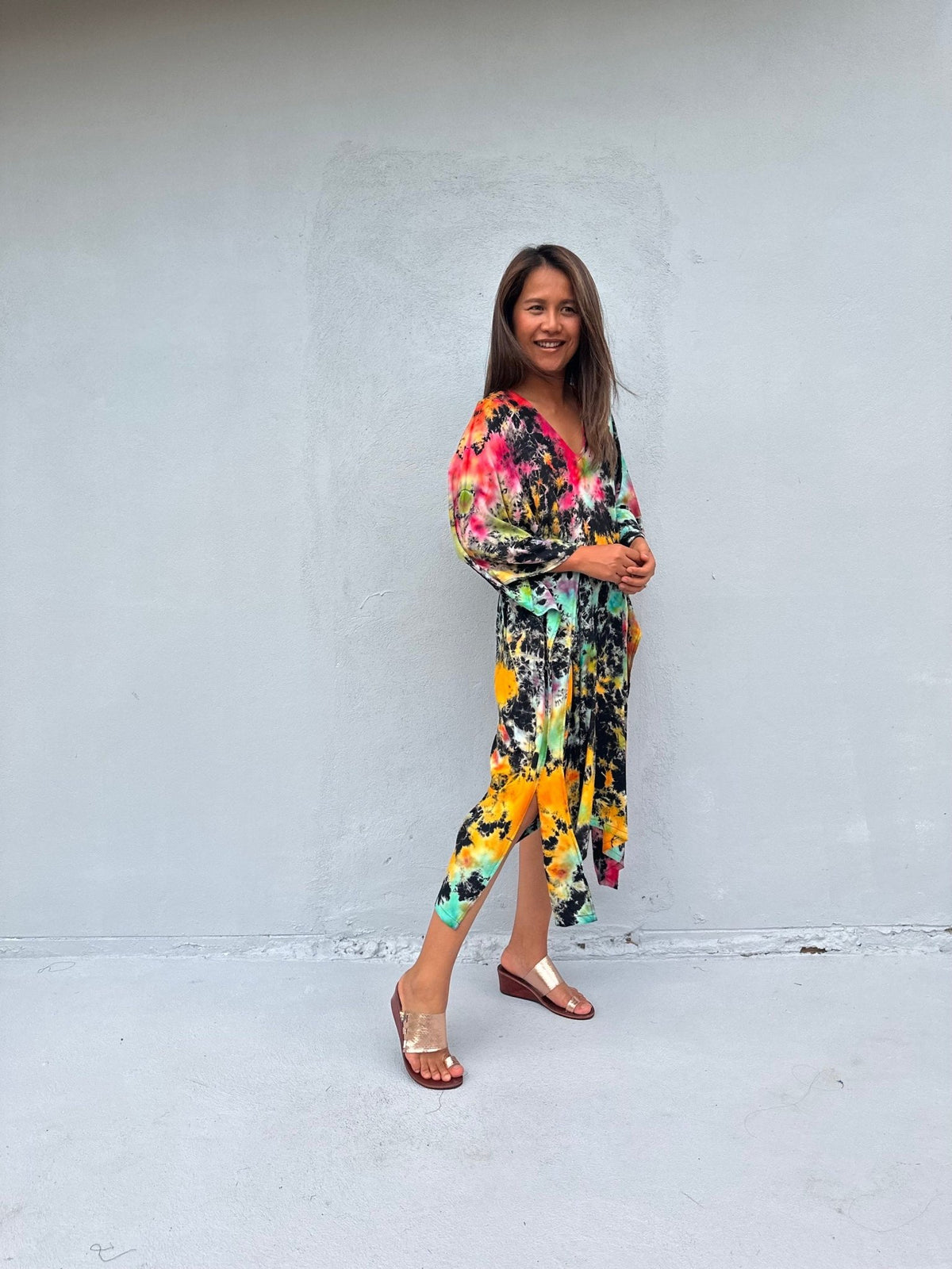 Fiona Kaftan in Black & Rainbow Tie Dye-FR-28-Mala Handworks
