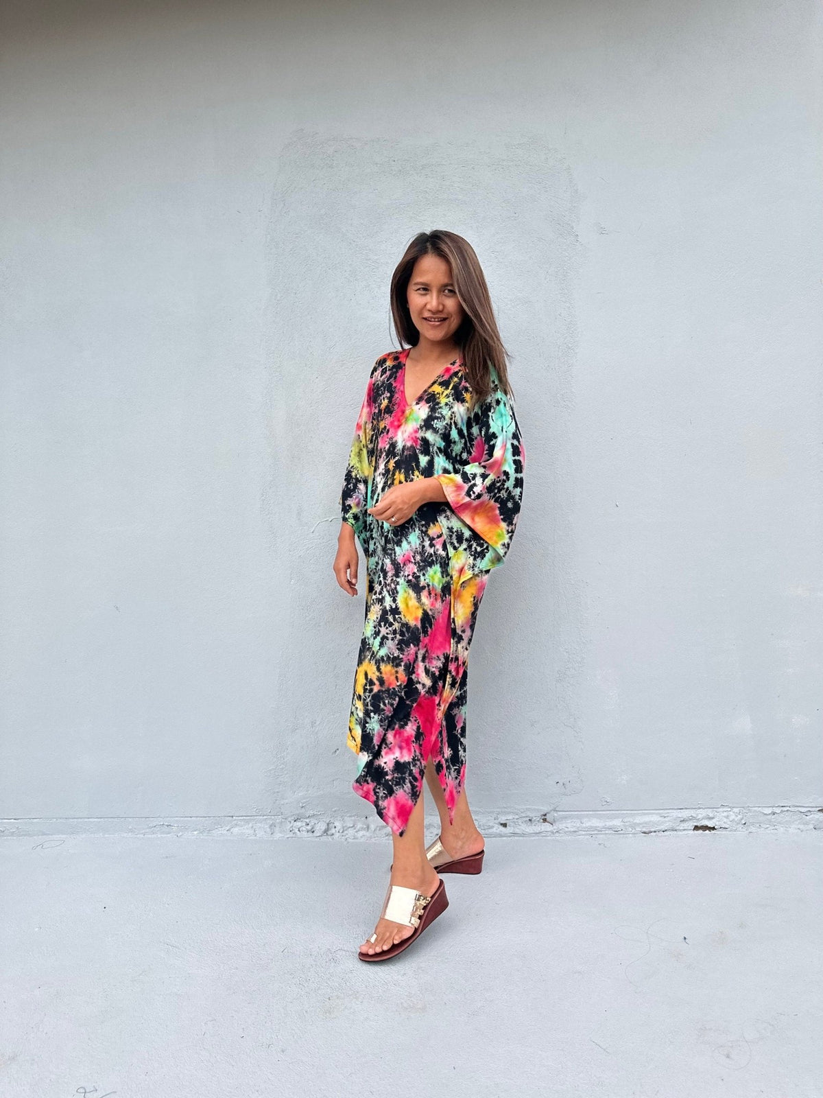 Fiona Kaftan in Black & Rainbow Tie Dye-FR-28-Mala Handworks