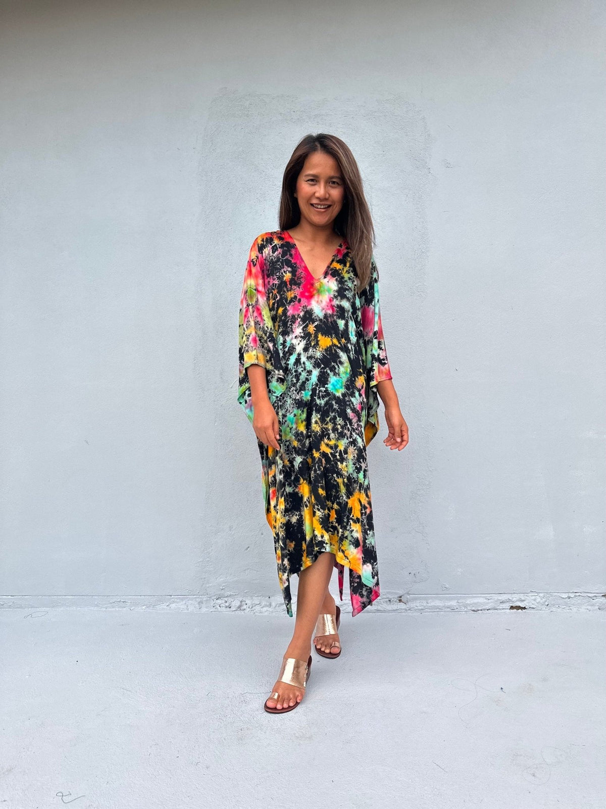 Fiona Kaftan in Black & Rainbow Tie Dye-FR-28-Mala Handworks