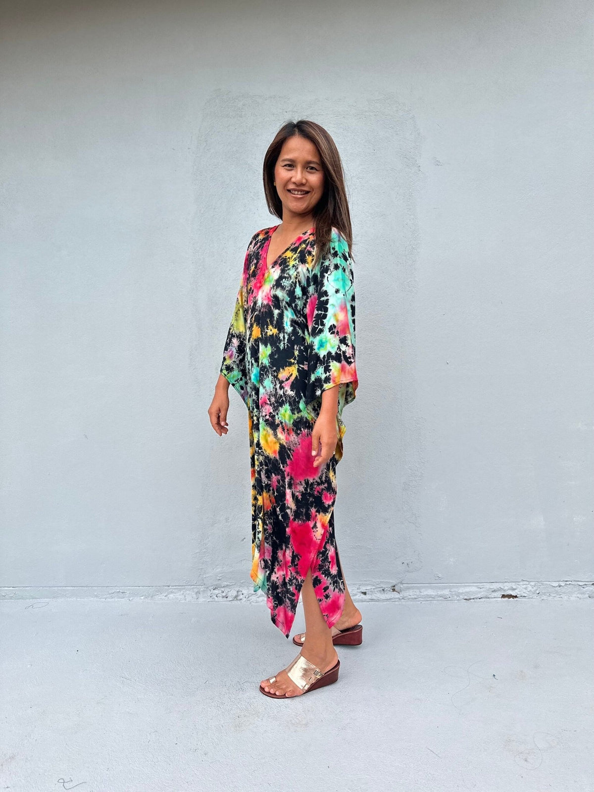 Fiona Kaftan in Black & Rainbow Tie Dye-FR-28-Mala Handworks