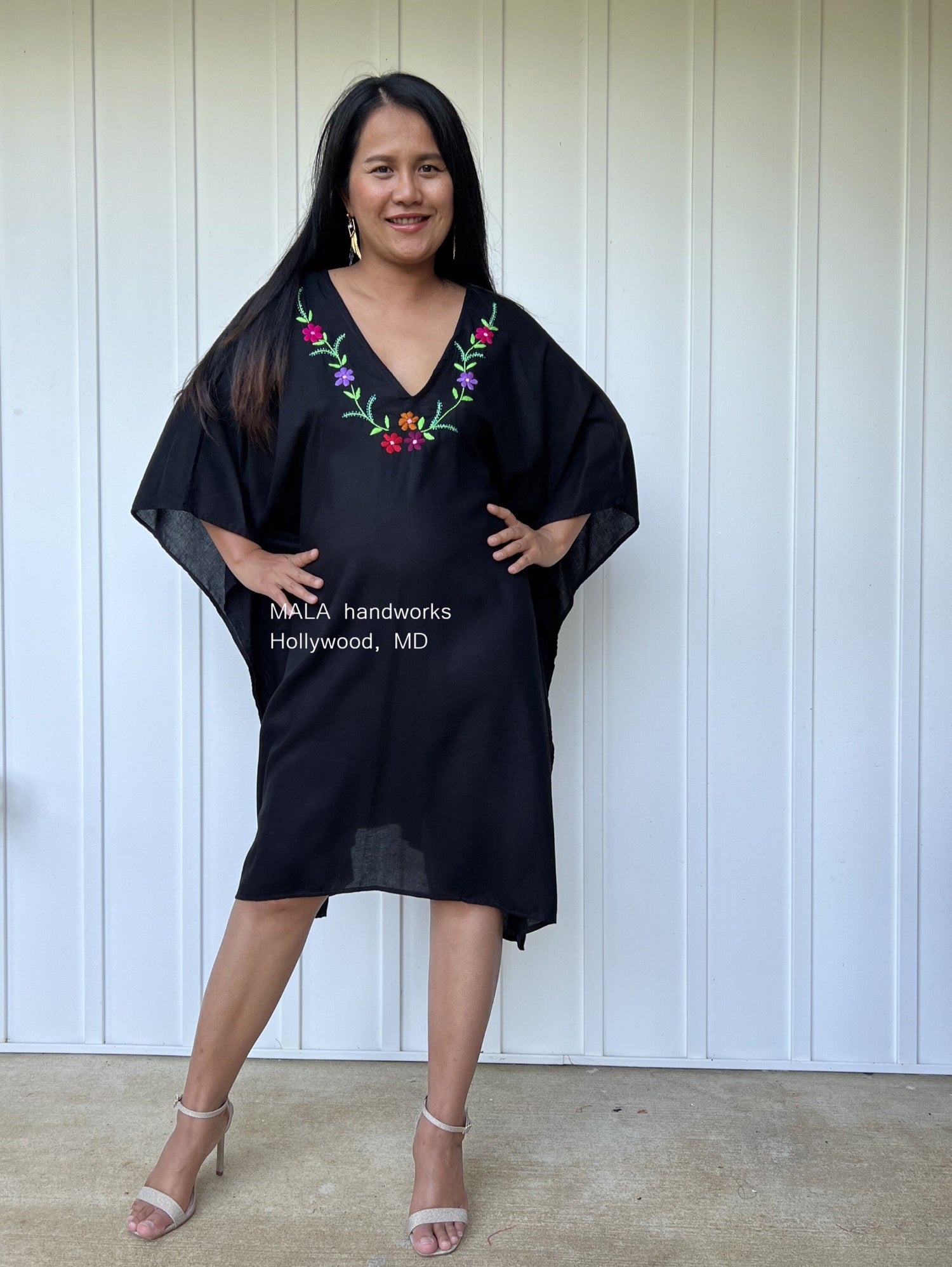 MALA handworks  Fiona Midi Kaftan in Black and Hand Embroidery