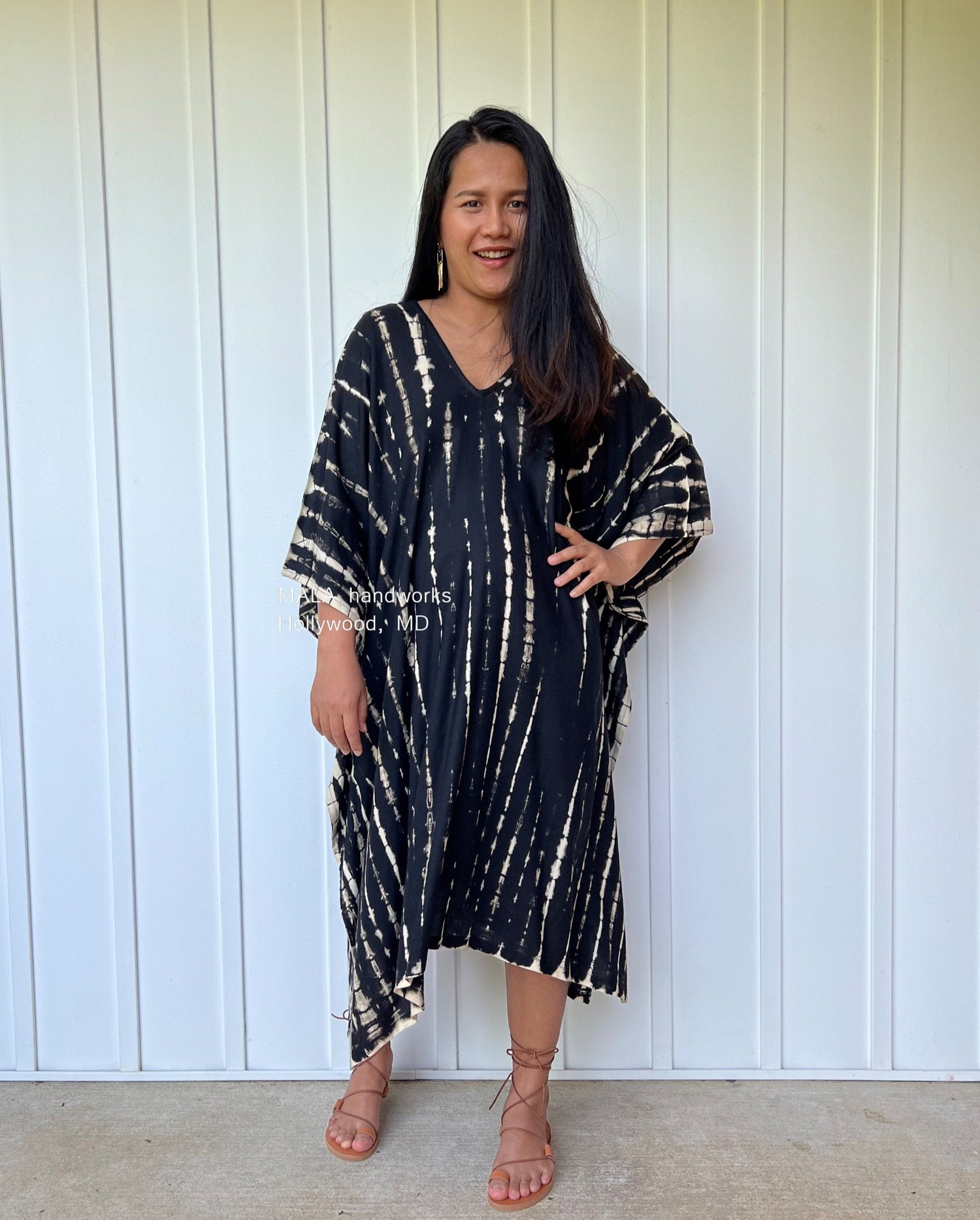 MALA handworks  Fiona Midi Kaftan in Black Tie Dye