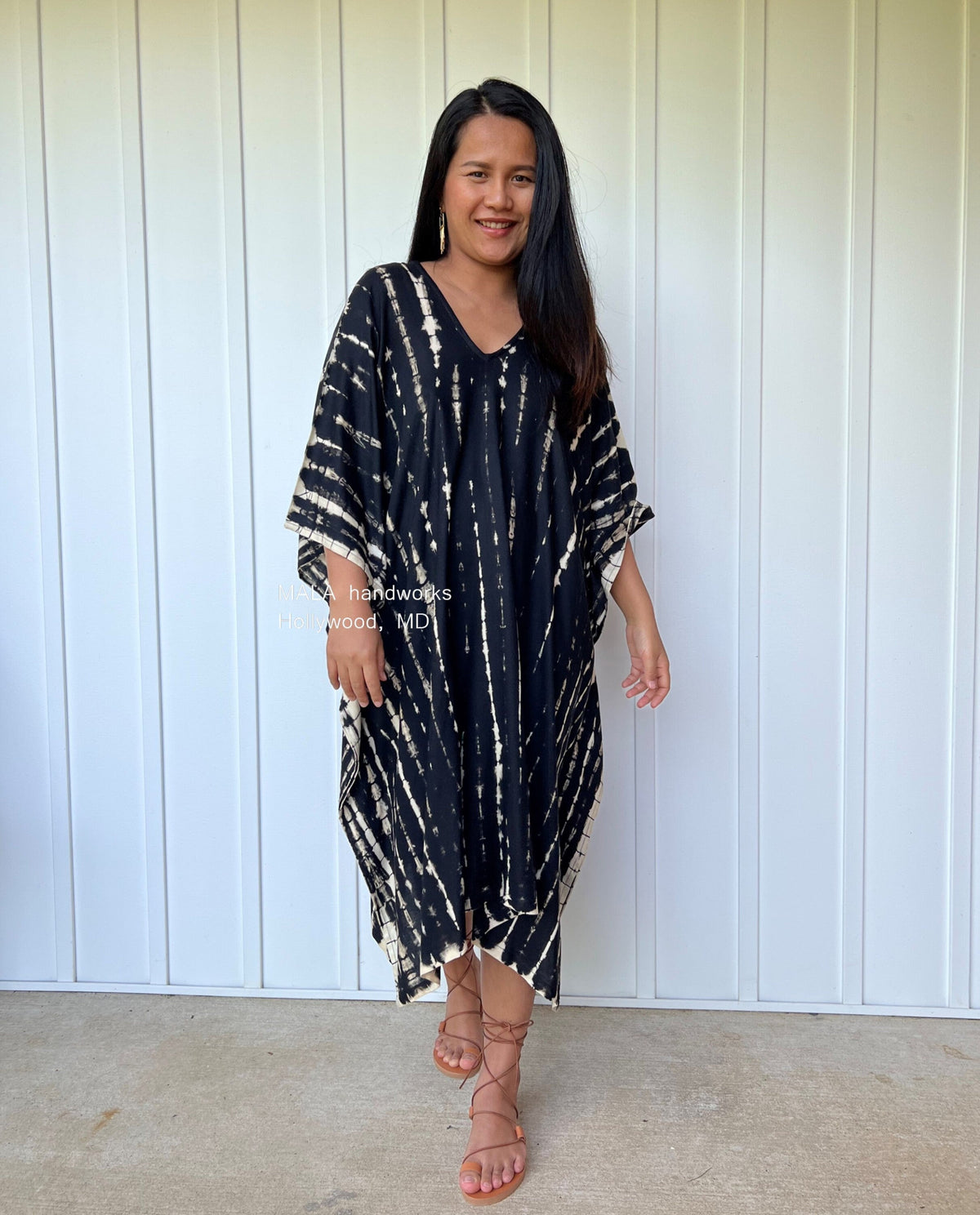 MALA handworks  Fiona Midi Kaftan in Black Tie Dye