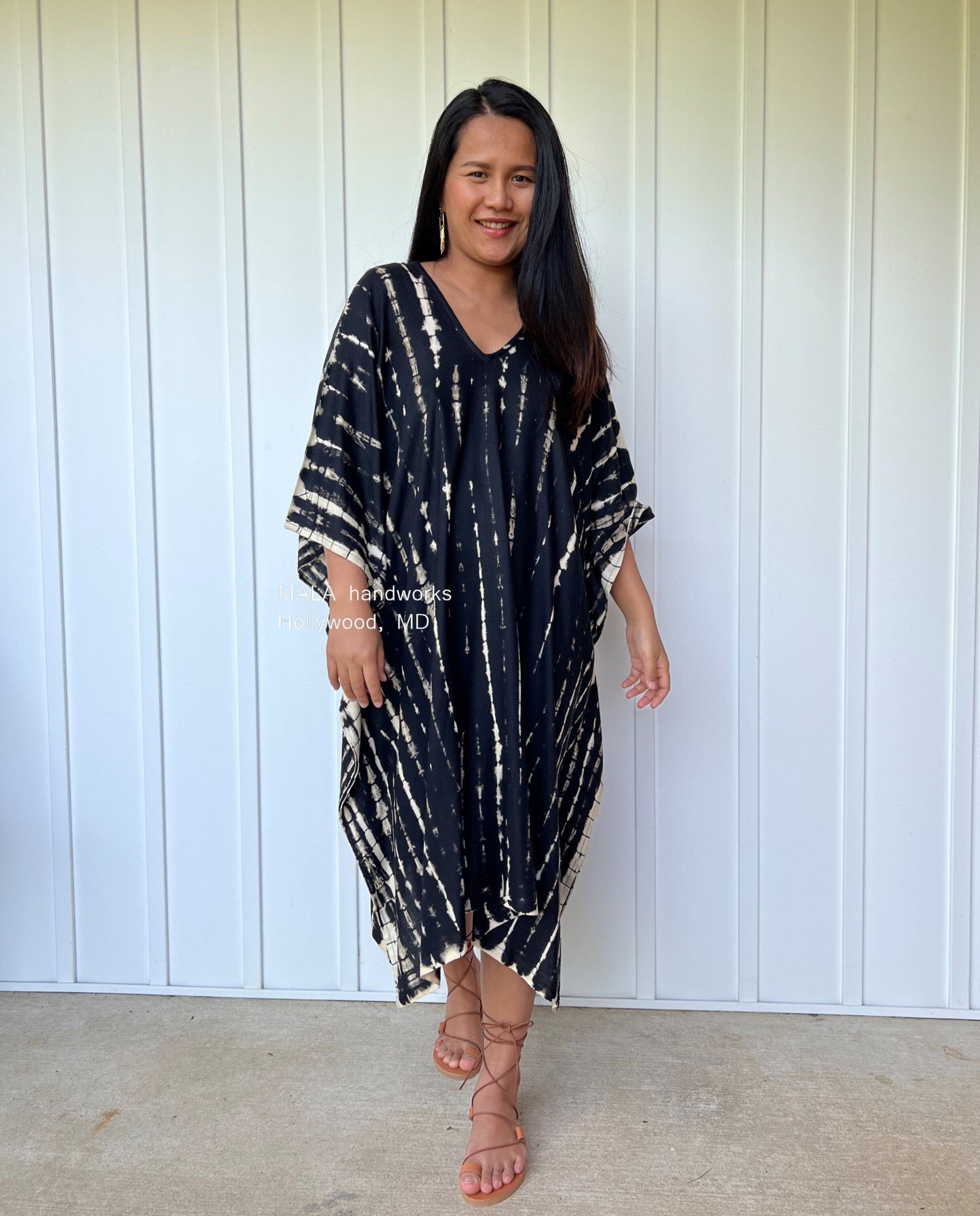 MALA handworks  Fiona Midi Kaftan in Black Tie Dye
