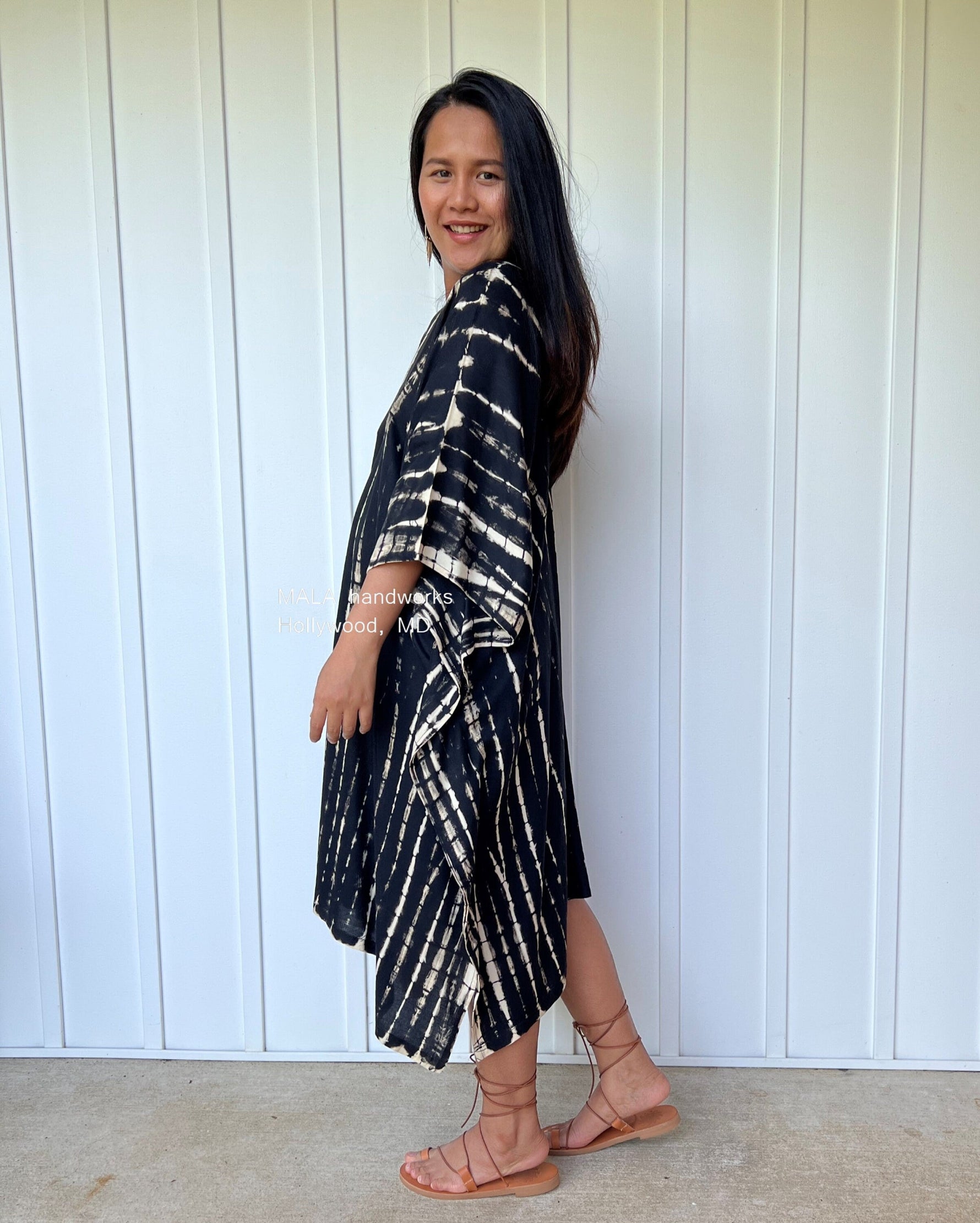 MALA handworks  Fiona Midi Kaftan in Black Tie Dye